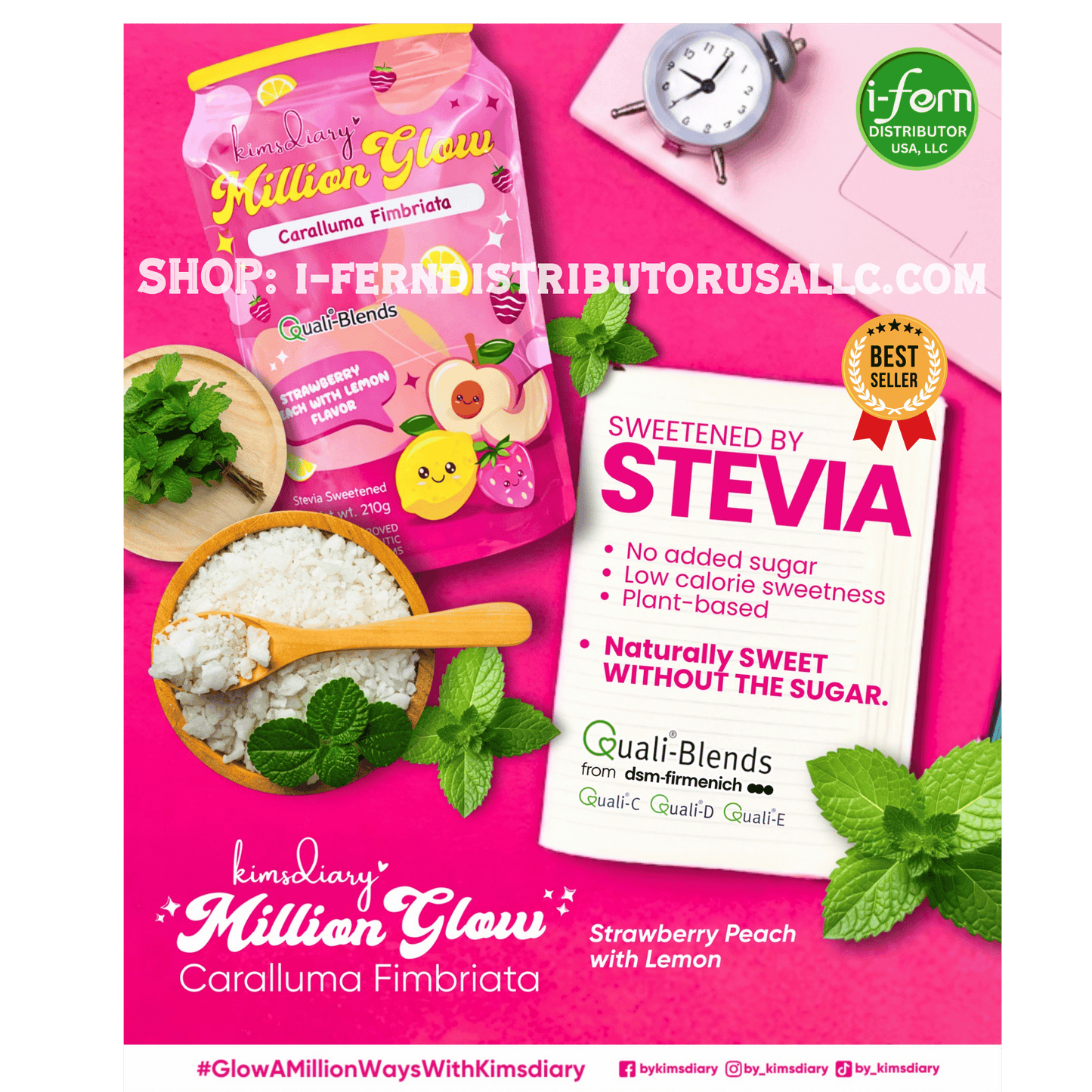 Advertisement for Quali-Blends Caralluma Fimbriata and Stevia product on a pink background.