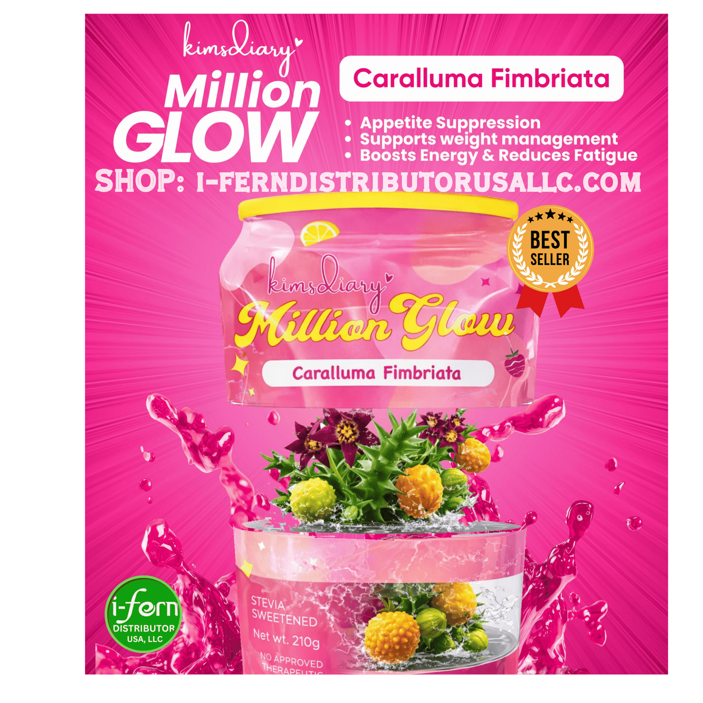 Advertisement for 'Million Glow' Caralluma Fimbriata with product packaging on a pink background  Kimsdiary Million Glow Strawberry Peach with Lemon shop online i-ferndistributorusallc.com