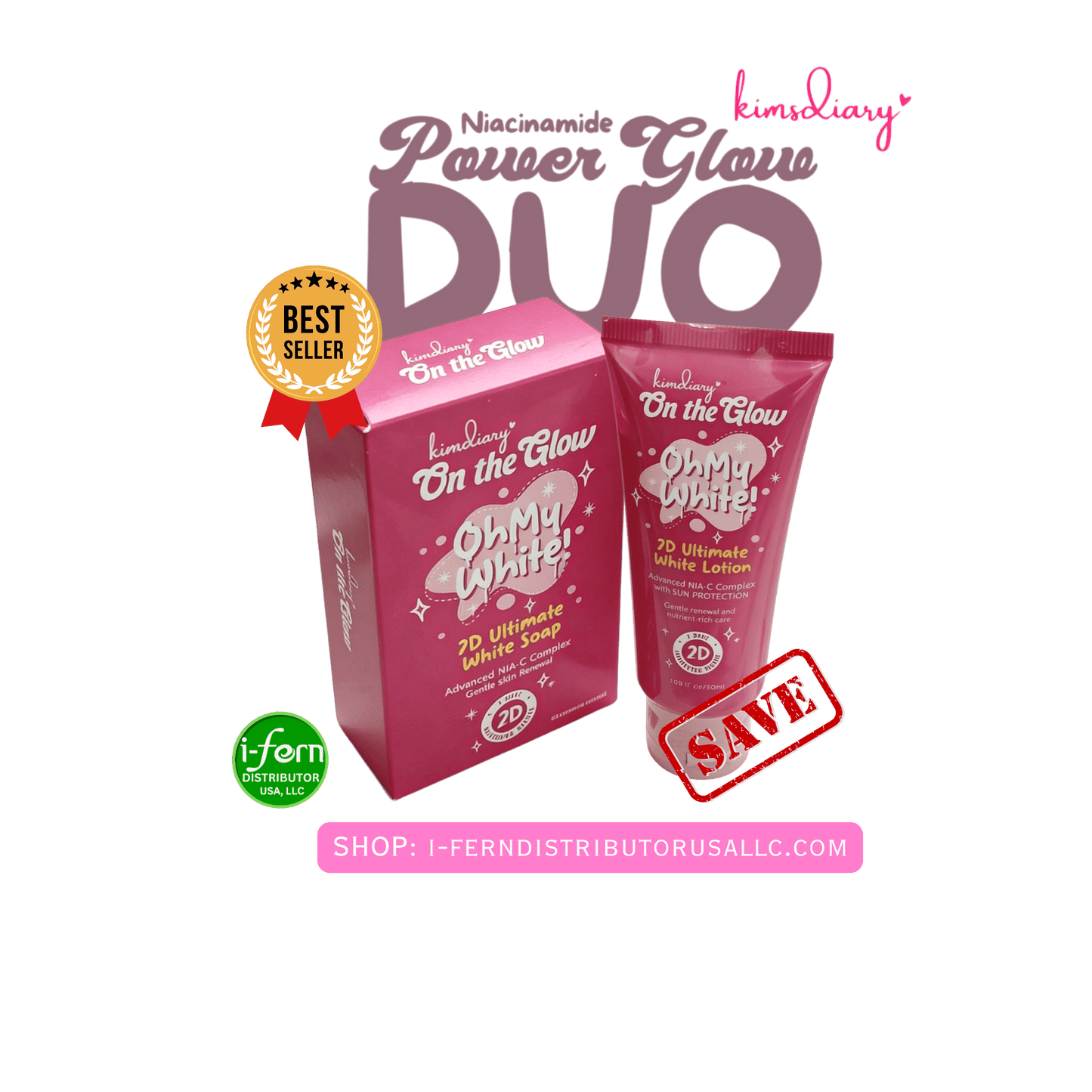 Pink 'On the Glow' product packaging with soap and lotion on a green background Power Glow Duo: Oh My White Soap 90g + 7D Brightening Lotion 50ml shop online at i-ferndistributorusallc.com