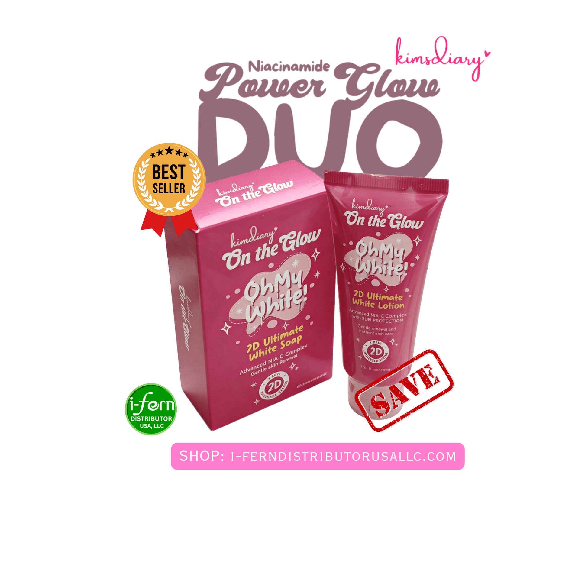 Pink 'On the Glow' product packaging with soap and lotion on a green background Power Glow Duo: Oh My White Soap 90g + 7D Brightening Lotion 50ml shop online at i-ferndistributorusallc.com