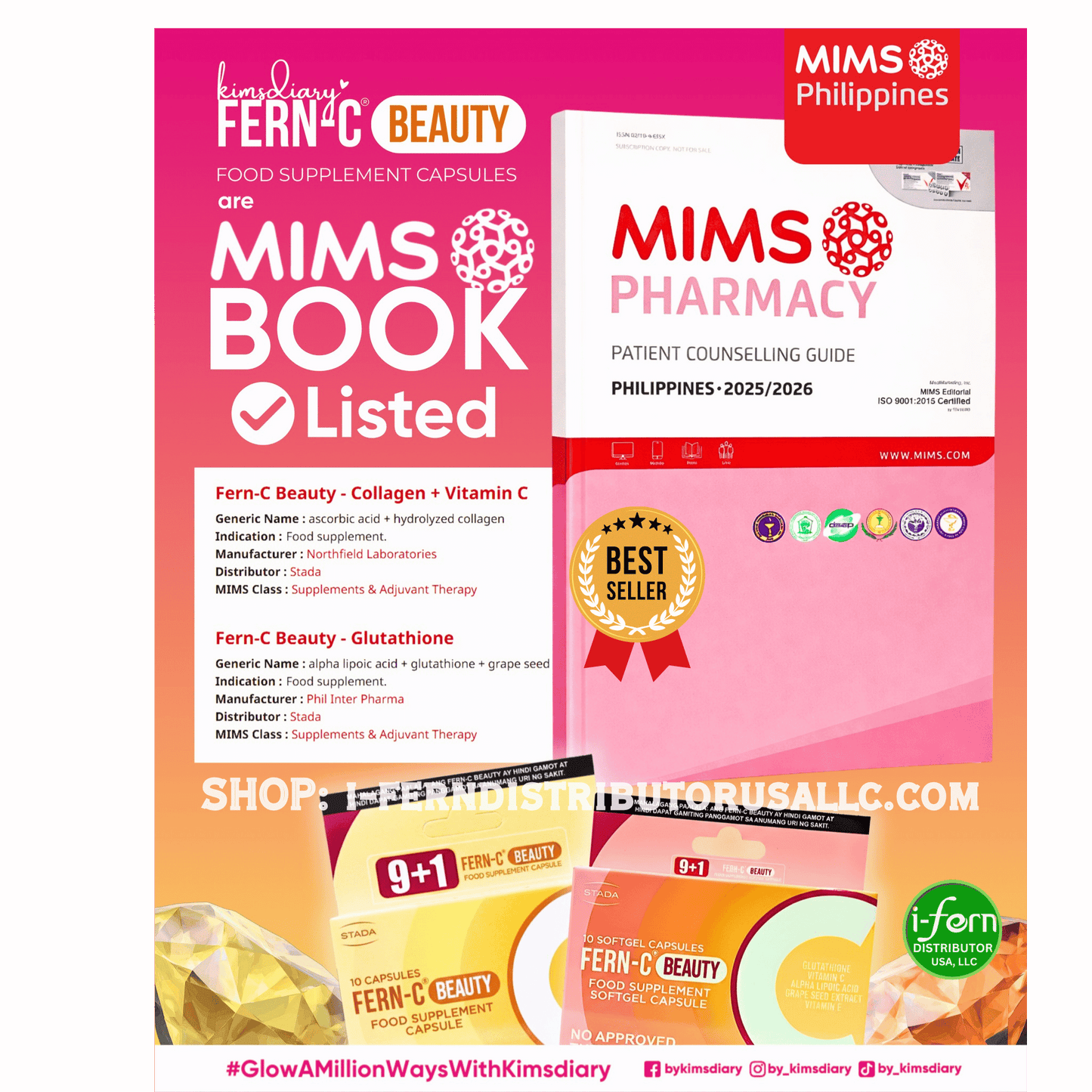 Promotional graphic for MIMS Book Listed and MIMS Pharmacy guides with product packaging on a pink background. Fern-C Radiance Duo | Glutathione & Collagen Softgel/Capsule Bundle USA I-fern USA shop online i-ferndistributorusallc.com