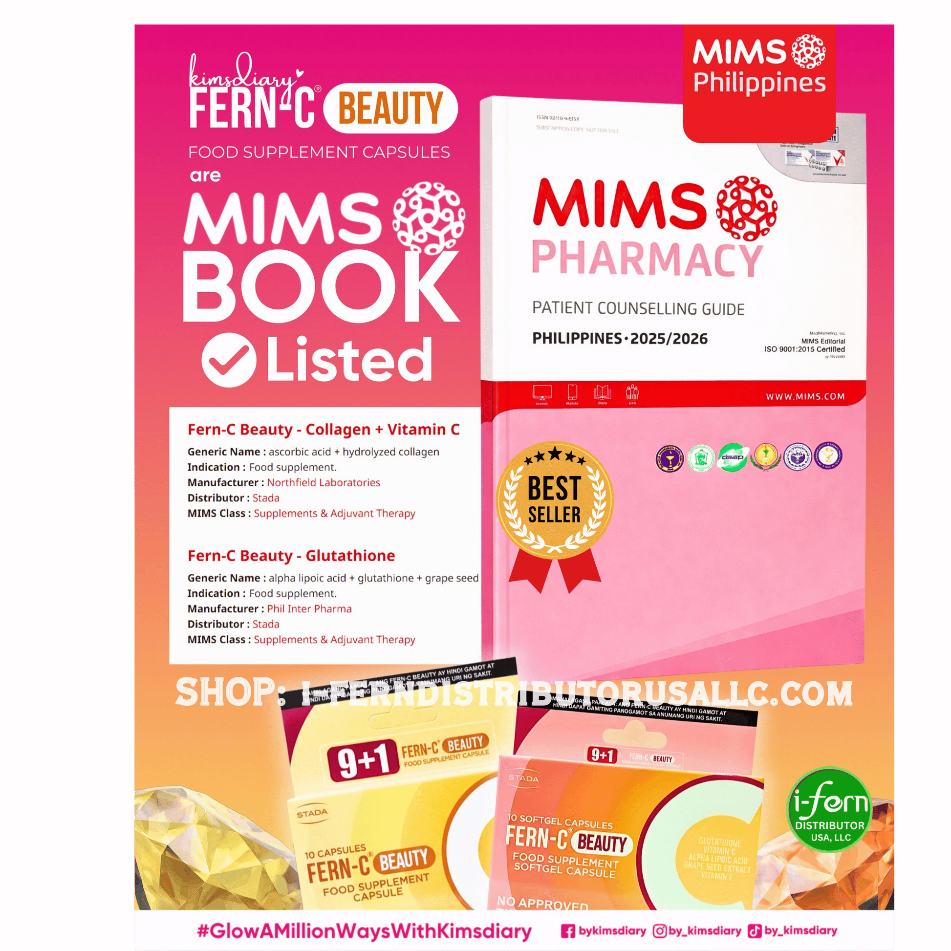 Promotional graphic for MIMS Book Listed and MIMS Pharmacy guides with product packaging on a pink background. Fern-C Radiance Duo | Glutathione & Collagen Softgel/Capsule Bundle USA I-fern USA shop online i-ferndistributorusallc.com