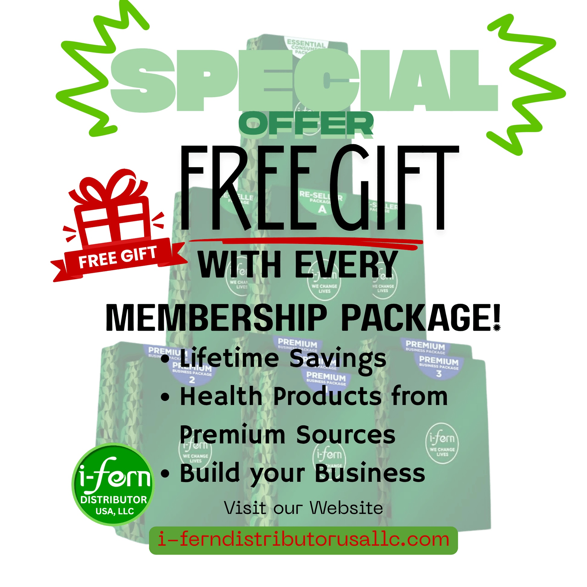Promotional graphic for a free gift with membership package offer on green background shop i-fern online i-ferndistributorusallc.com
