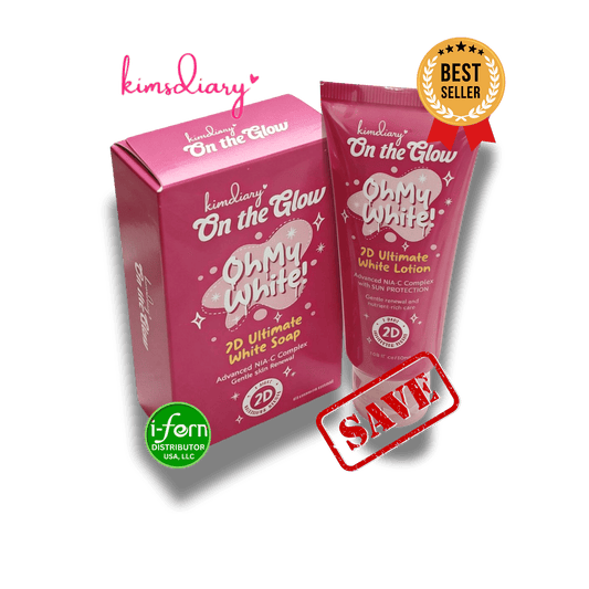 Pink 'On the Glow' product packaging with soap and lotion on a green background Power Glow Duo: Oh My White Soap 90g + 7D Brightening Lotion 50ml shop online at i-ferndistributorusallc.com