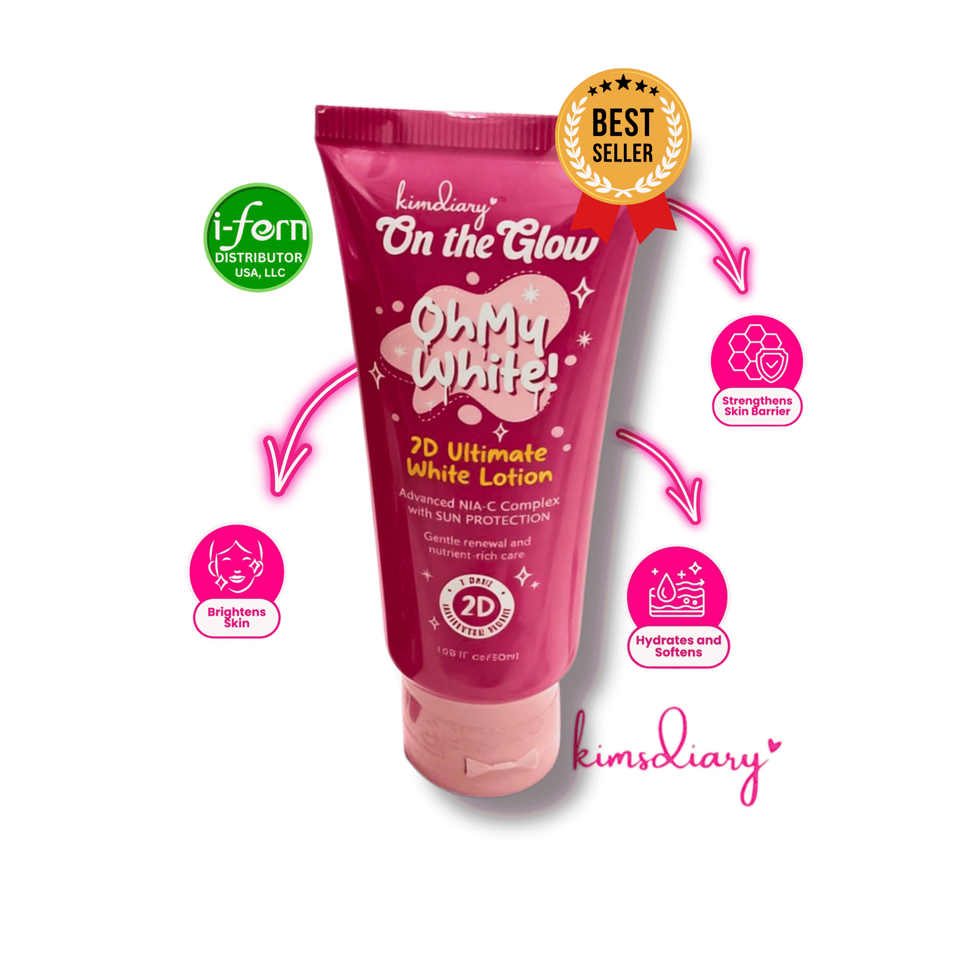 Pink tube of 'Oh My White!' 7D Ultimate White Lotion with branding and product features on a green background Kimsdiary soap shop online i-ferndistributorusallc