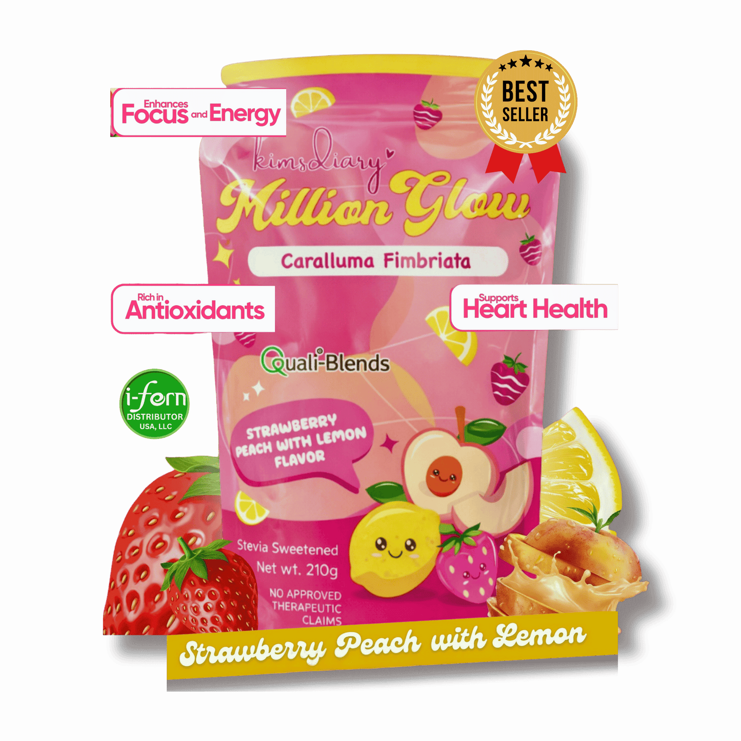 Advertisement for Kimsdiary Green Tea Powder with product packaging and promotional text on a pink background. Kimsdiary Million Glow Strawberry Peach with Lemon shop online i-ferndistributorusallc.com
