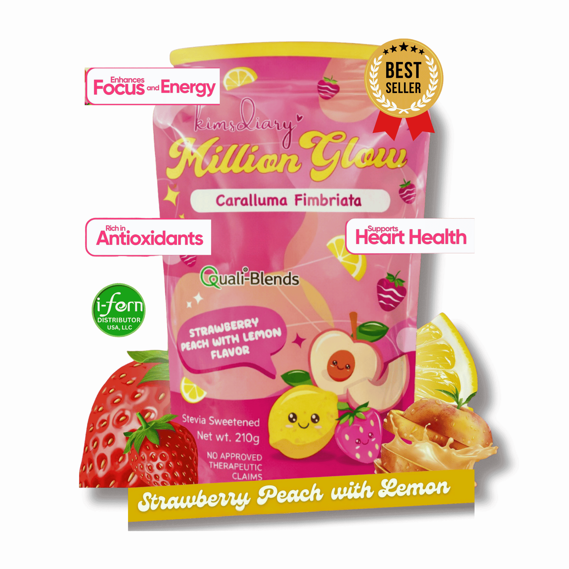 Advertisement for Kimsdiary Green Tea Powder with product packaging and promotional text on a pink background. Kimsdiary Million Glow Strawberry Peach with Lemon shop online i-ferndistributorusallc.com