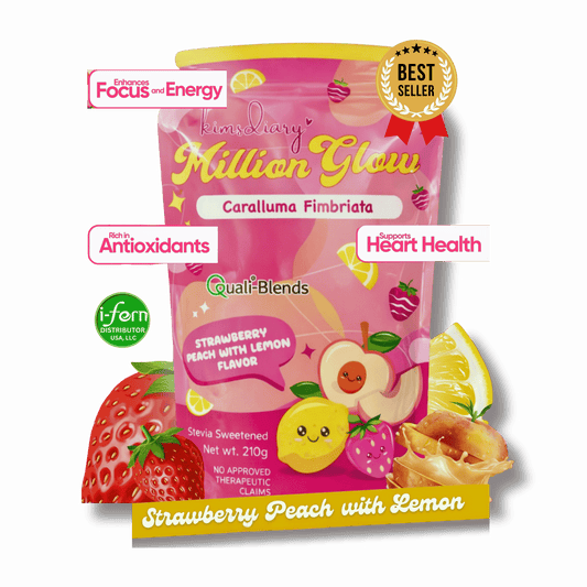 Advertisement for Kimsdiary Green Tea Powder with product packaging and promotional text on a pink background. Kimsdiary Million Glow Strawberry Peach with Lemon shop online i-ferndistributorusallc.com