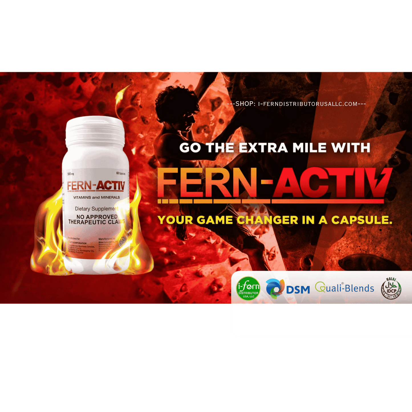 Fern-Activ supplement bottle with fiery background and promotional text.