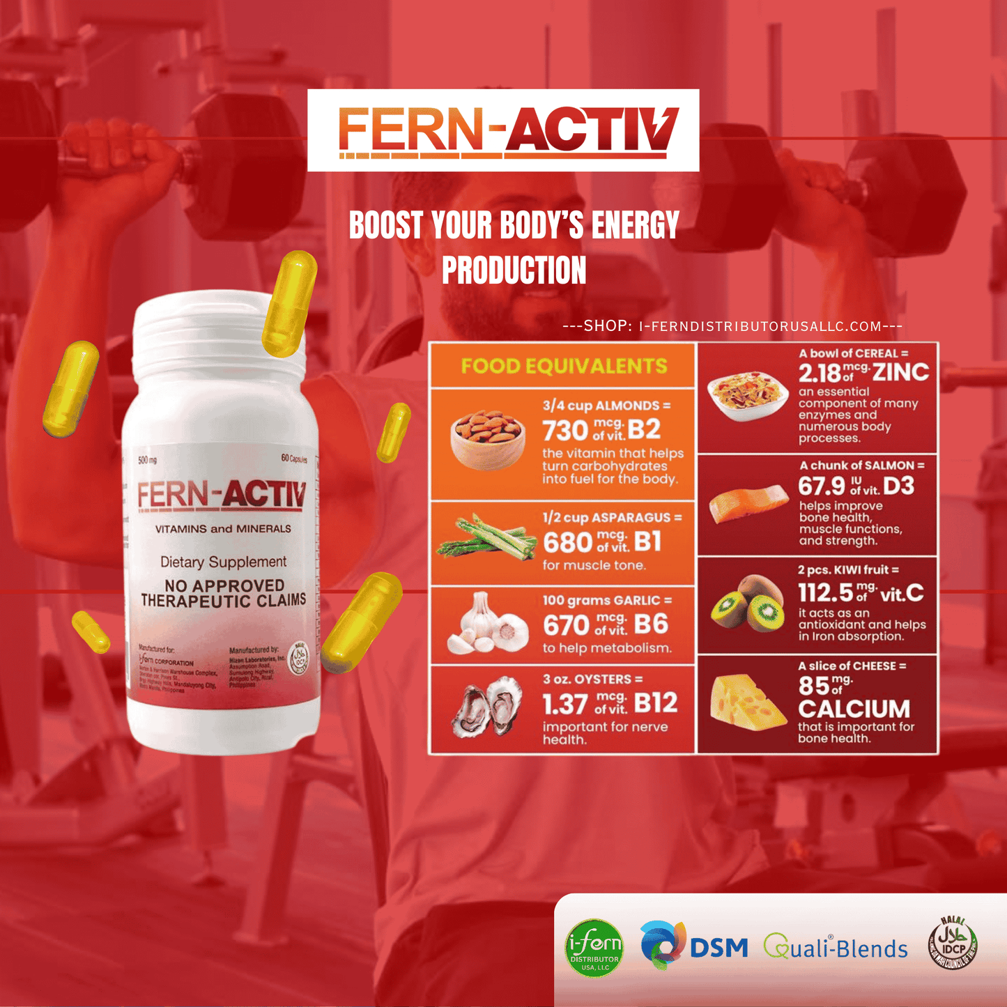 Fern-Activ dietary supplement bottle with nutritional information on a red background