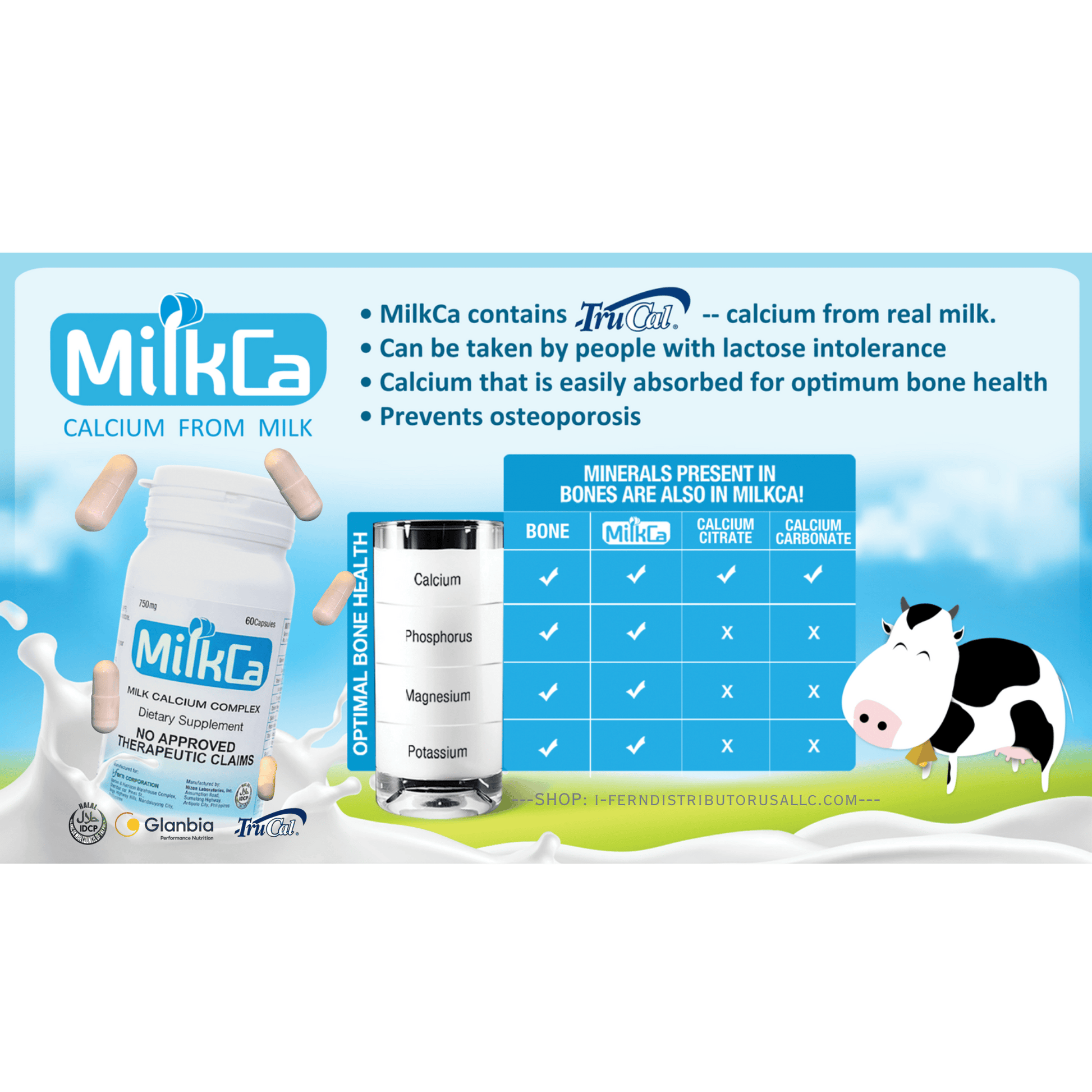 Advertisement for MilkCa calcium supplement with a cow and milk bottle illustration on a green background