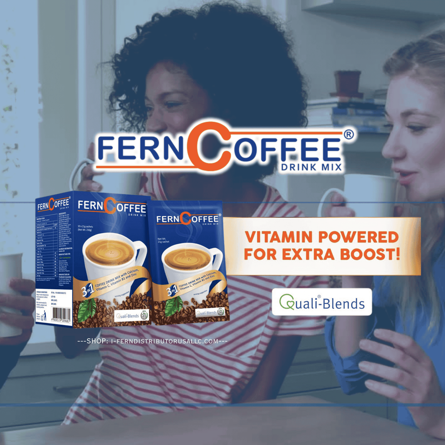 Two women holding Fern Coffee drink mix boxes with the brand logo and product details.