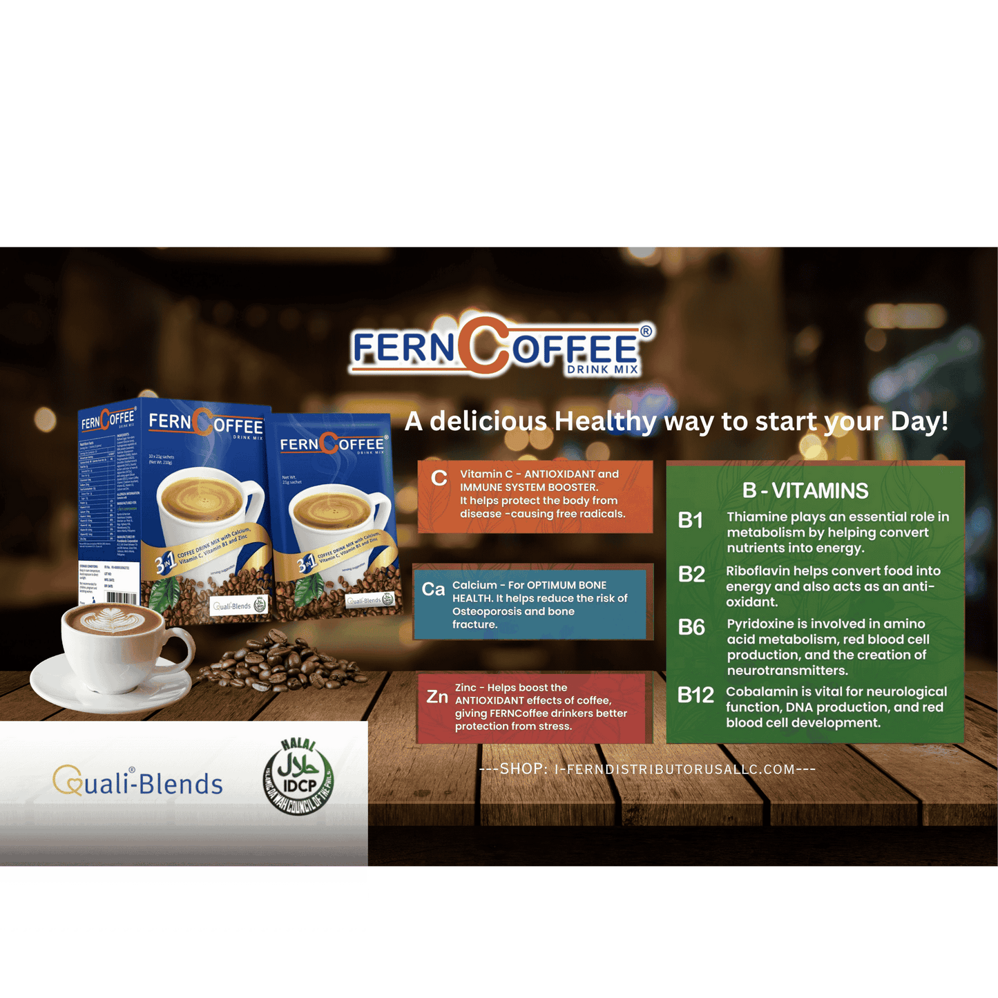 Fern Coffee drink mix packages on a wooden table with promotional text and branding.