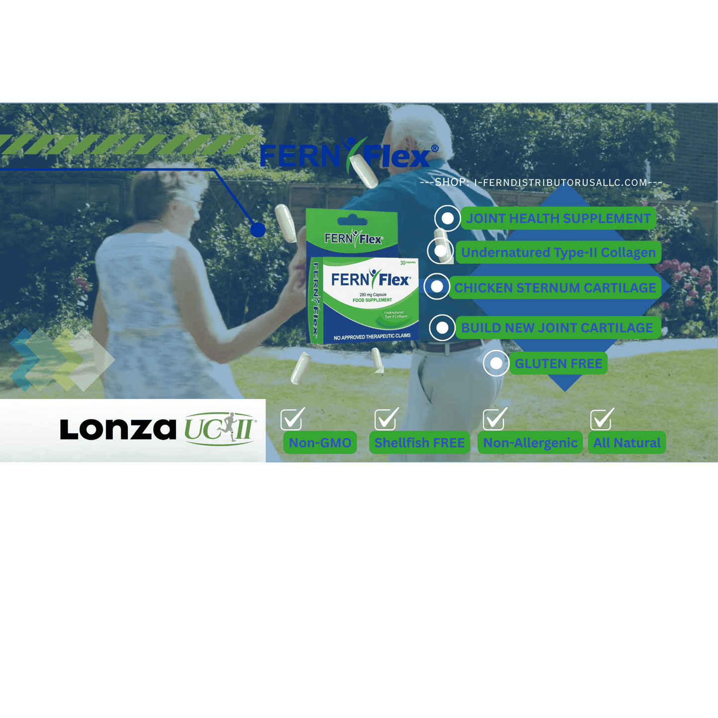 Advertisement for FERN'Flex supplement with a couple in a garden and Lonza UC-II branding.