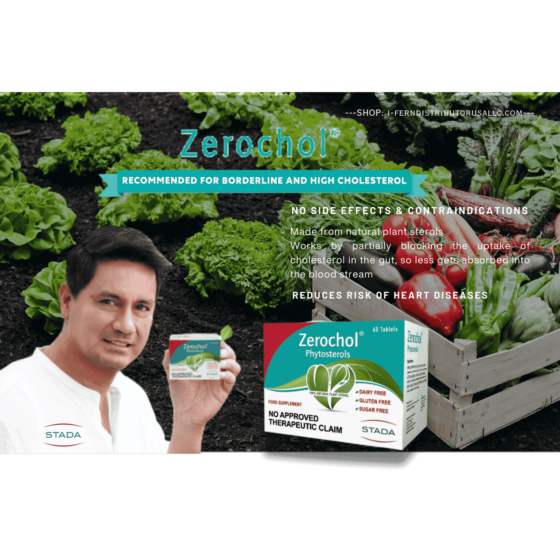 Advertisement for Zerachol with a man holding the product and green vegetables in the background