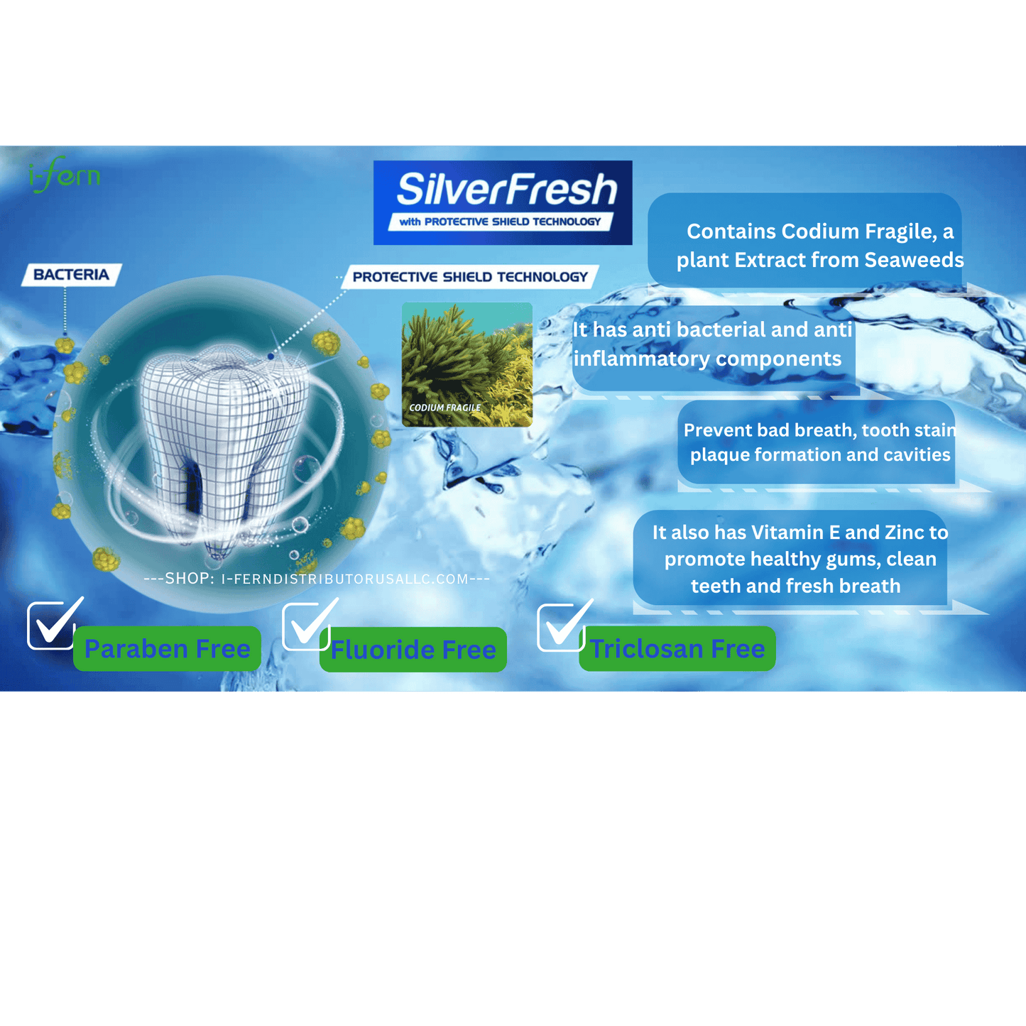 Advertisement for SilverFresh dental product with text and graphics on a blue and green background