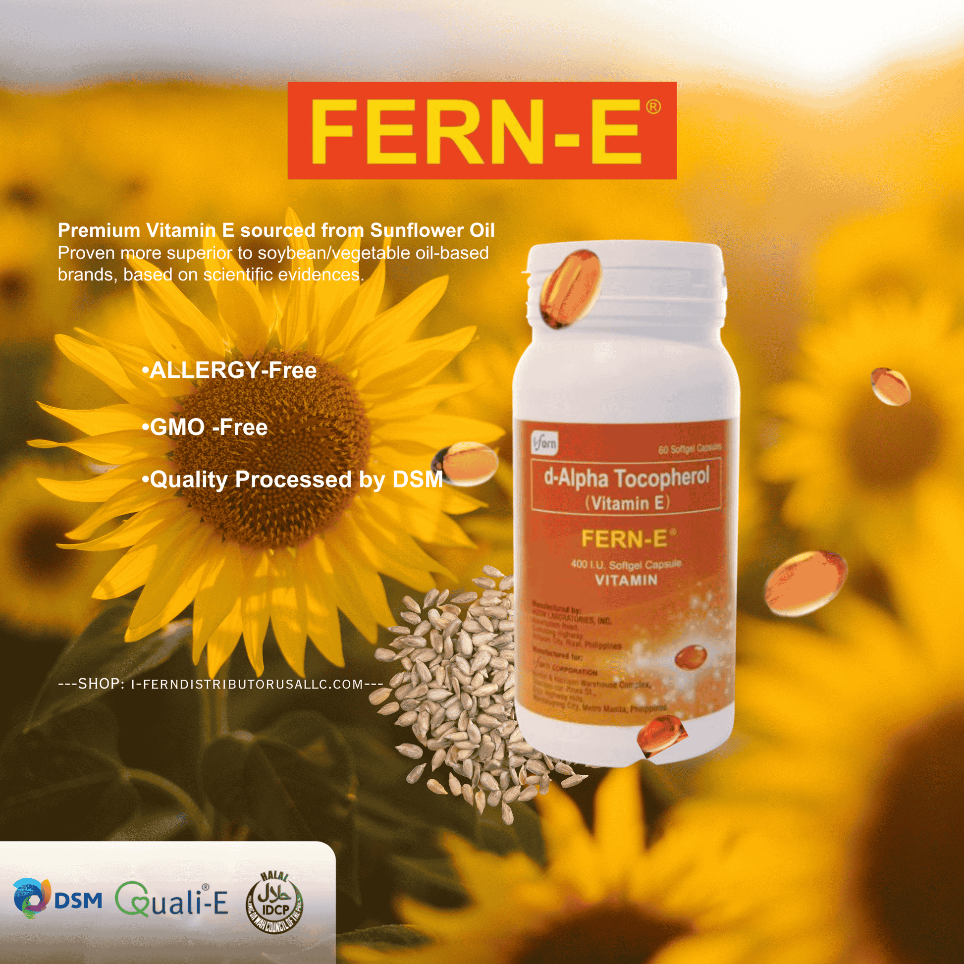 FERN-E vitamin E supplement bottle with sunflower and seeds on a blurred sunflower field background