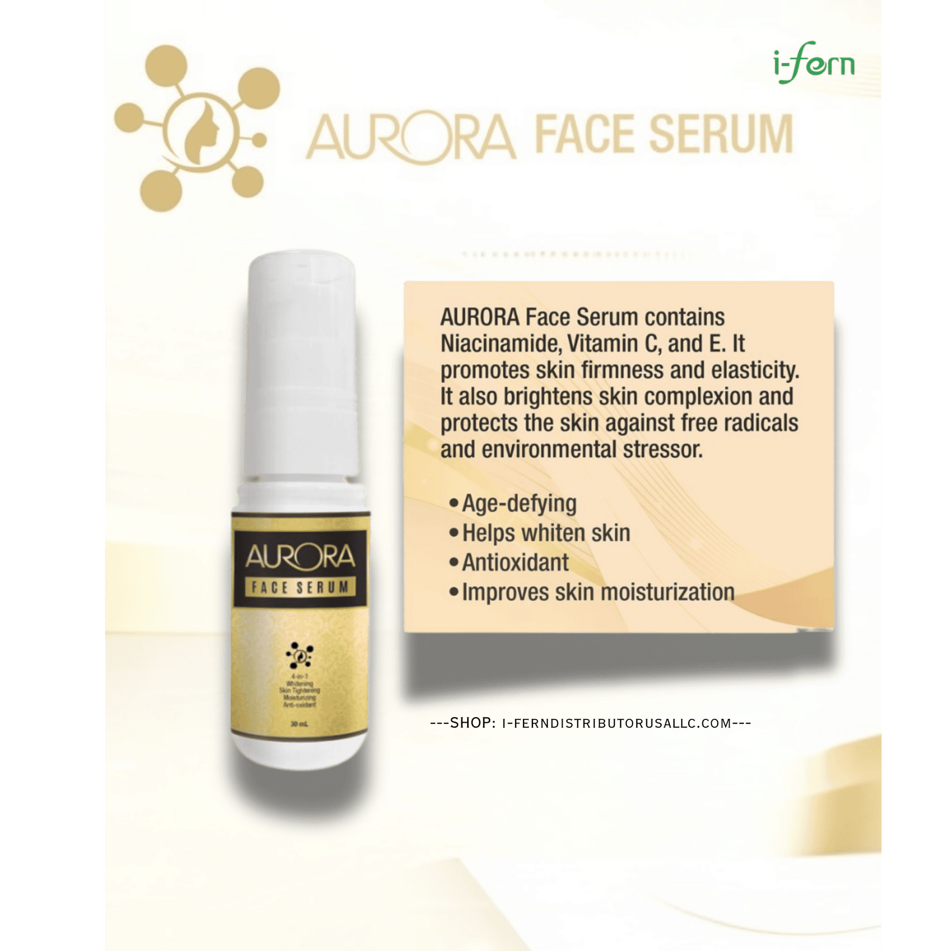 Aurora Face Serum with product details on a green and white background