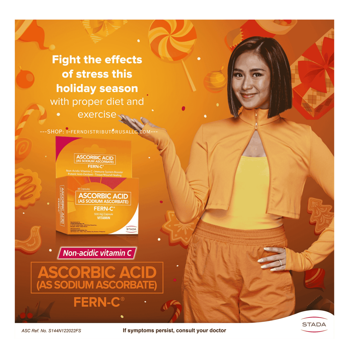 Advertisement for Fern-C vitamin product with a person in an orange outfit on an orange background.