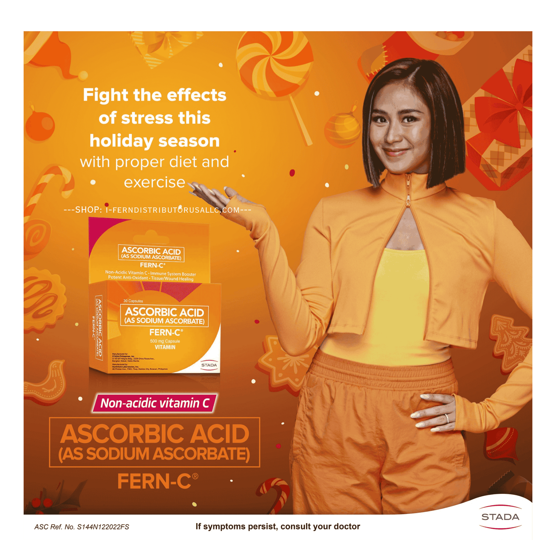 Advertisement for Fern-C vitamin product with a person in an orange outfit on an orange background.