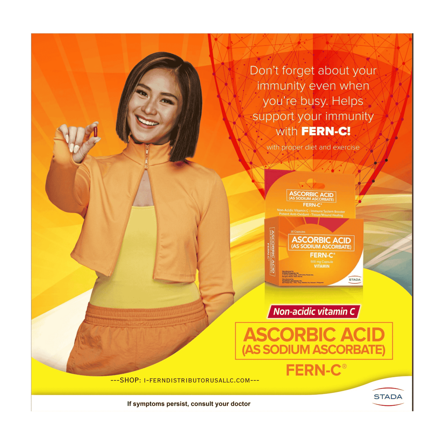 Advertisement for Fern-C ascorbic acid supplement with a woman holding a supplement box on an orange and yellow background.