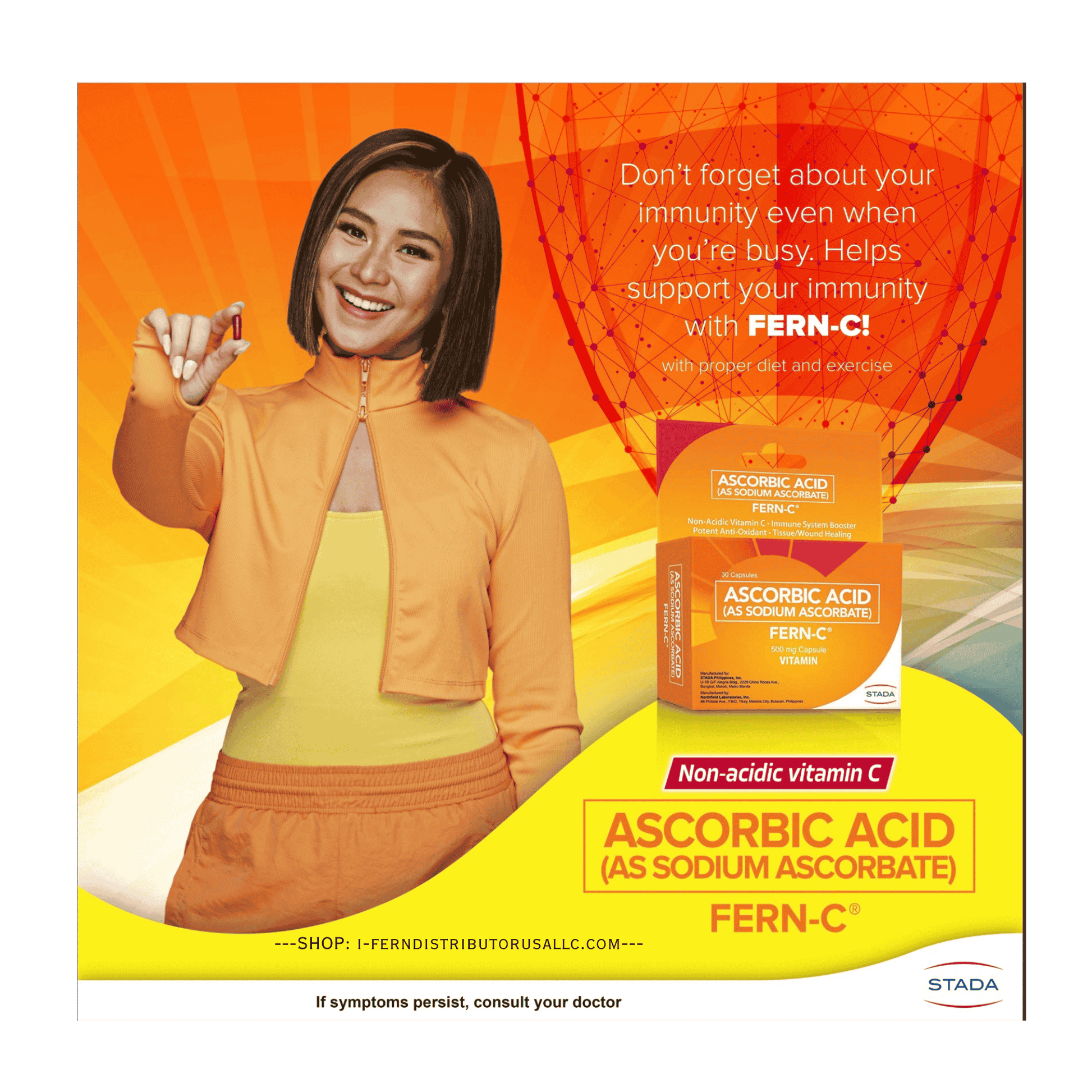 Advertisement for Fern-C ascorbic acid supplement with a woman holding a supplement box on an orange and yellow background.