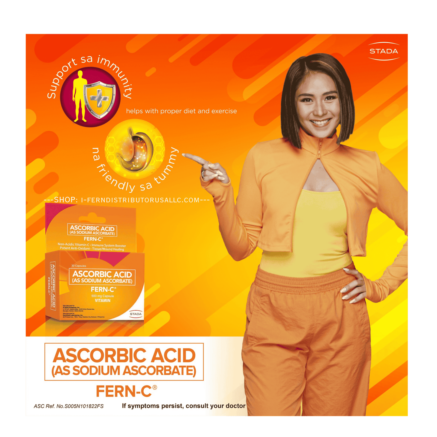 Advertisement for Fern-C ascorbic acid supplement with a woman holding a spoon against an orange and yellow background.