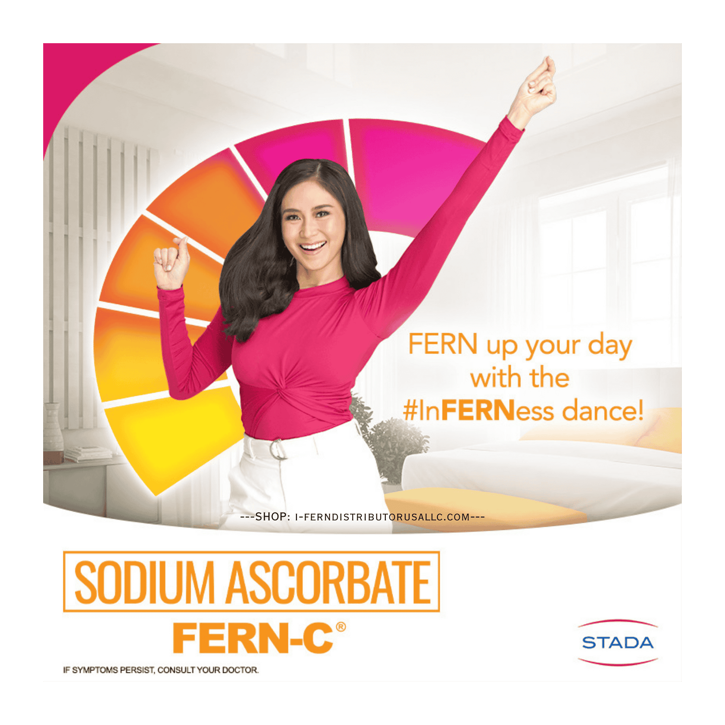 Advertisement featuring a woman in a pink top with a colorful circle and text about Sodium Ascorbate FERN-C.