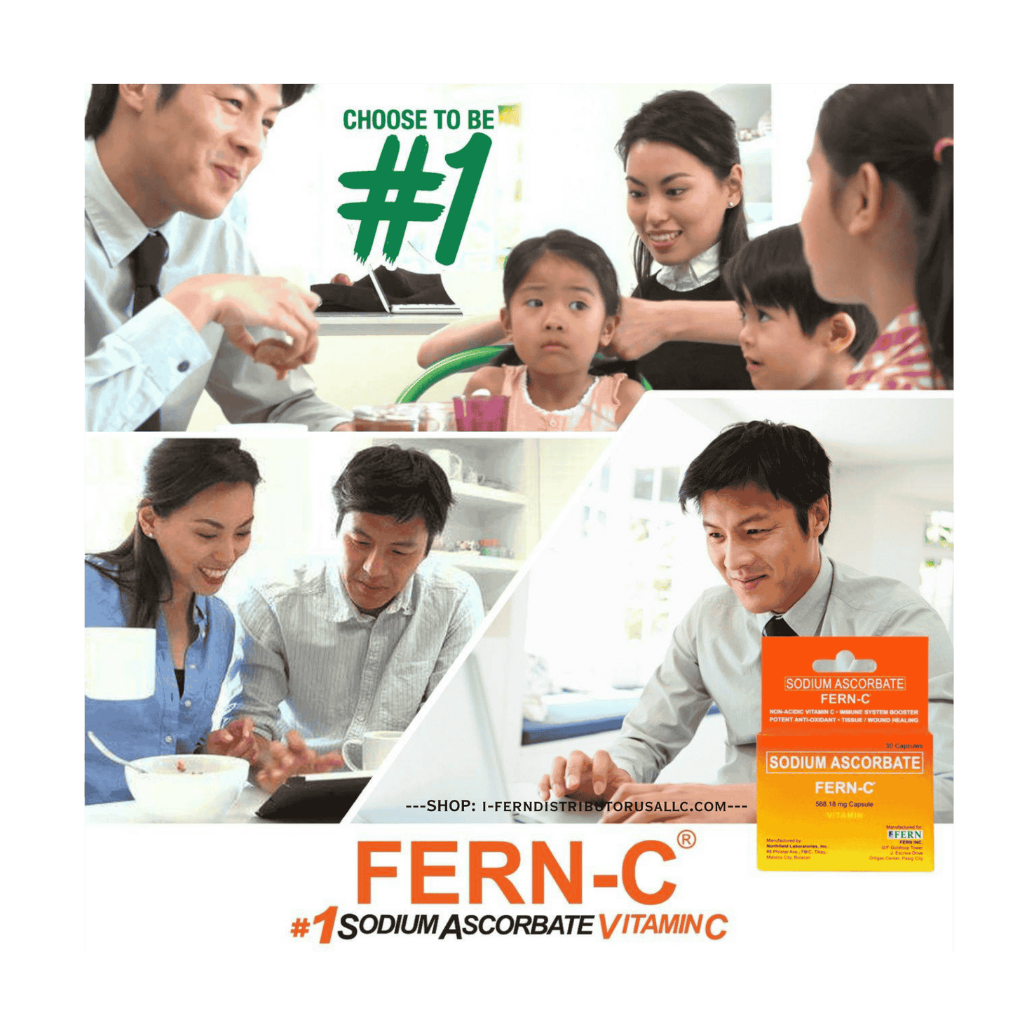 Advertisement for FERN-C sodium ascorbate vitamin C with people and product packaging.