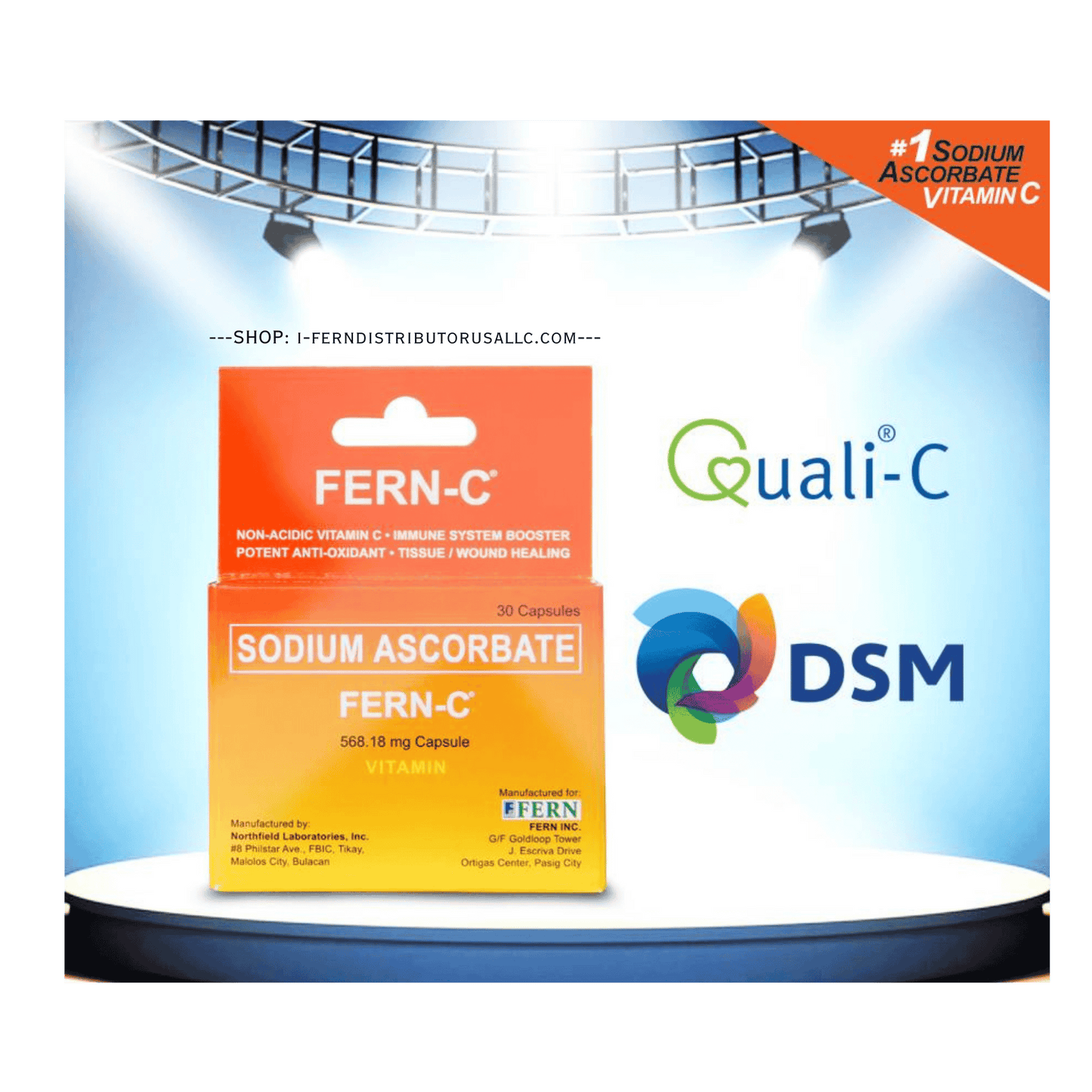 Fern-C sodium ascorbate supplement packaging with Quali-C and DSM logos on a stage-like background.