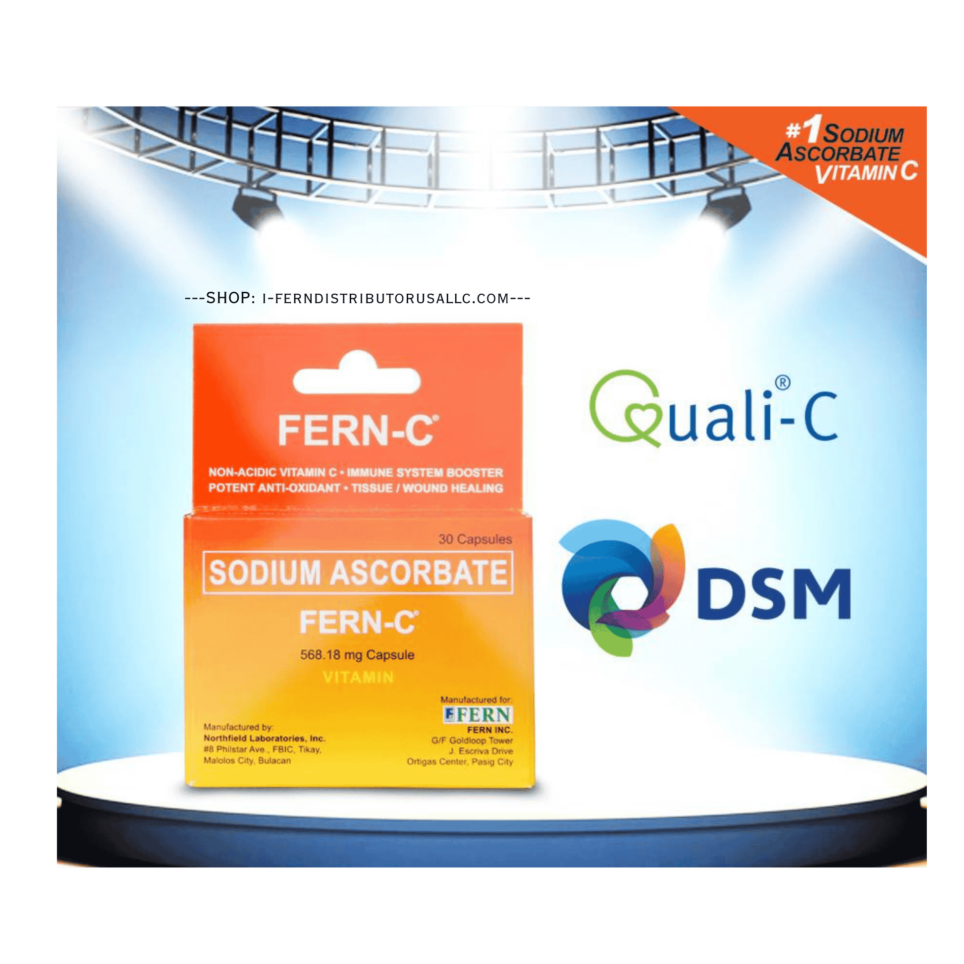 Fern-C sodium ascorbate supplement packaging with Quali-C and DSM logos on a stage-like background.