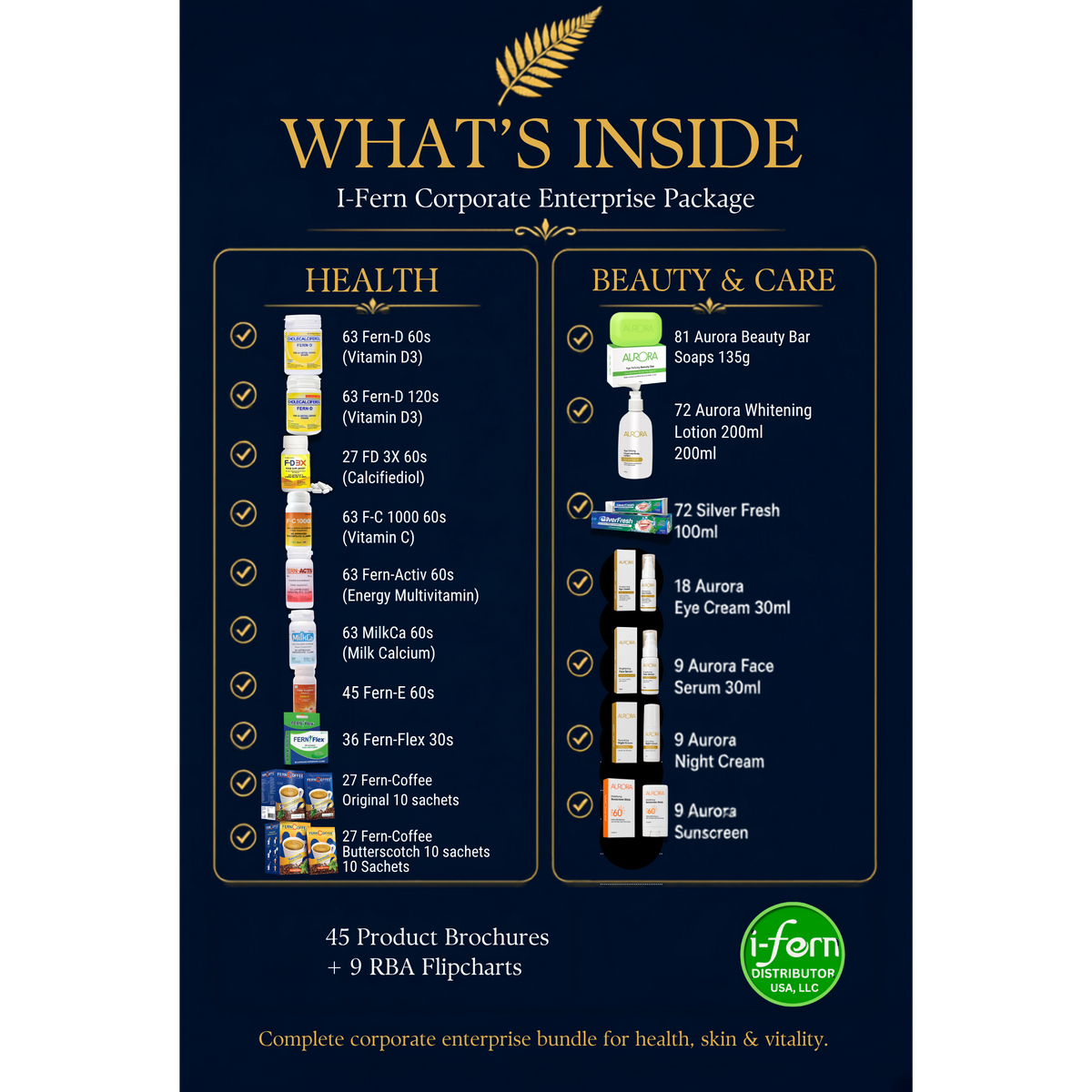 I-Fern Corporate Enterprise Package with health supplements, skincare products, coffee, and distributor materials