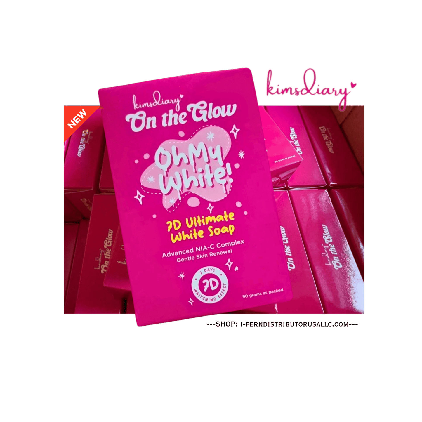 Pink soap packaging with 'On the Glow'  Oh My White Kimsdiary branding on a green background