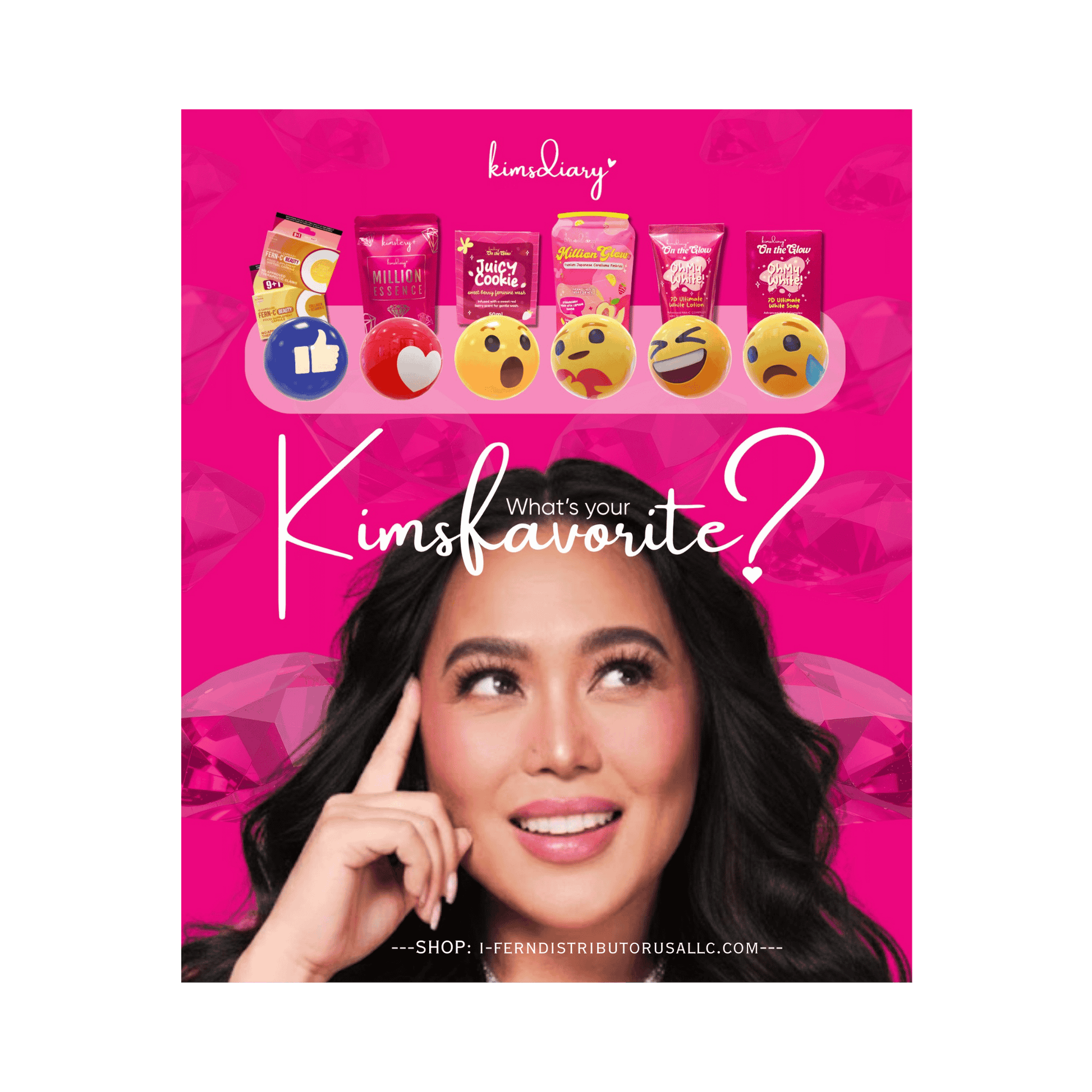 Promotional graphic for Kimsdiary with a woman pointing to her face and product packaging on a pink background.