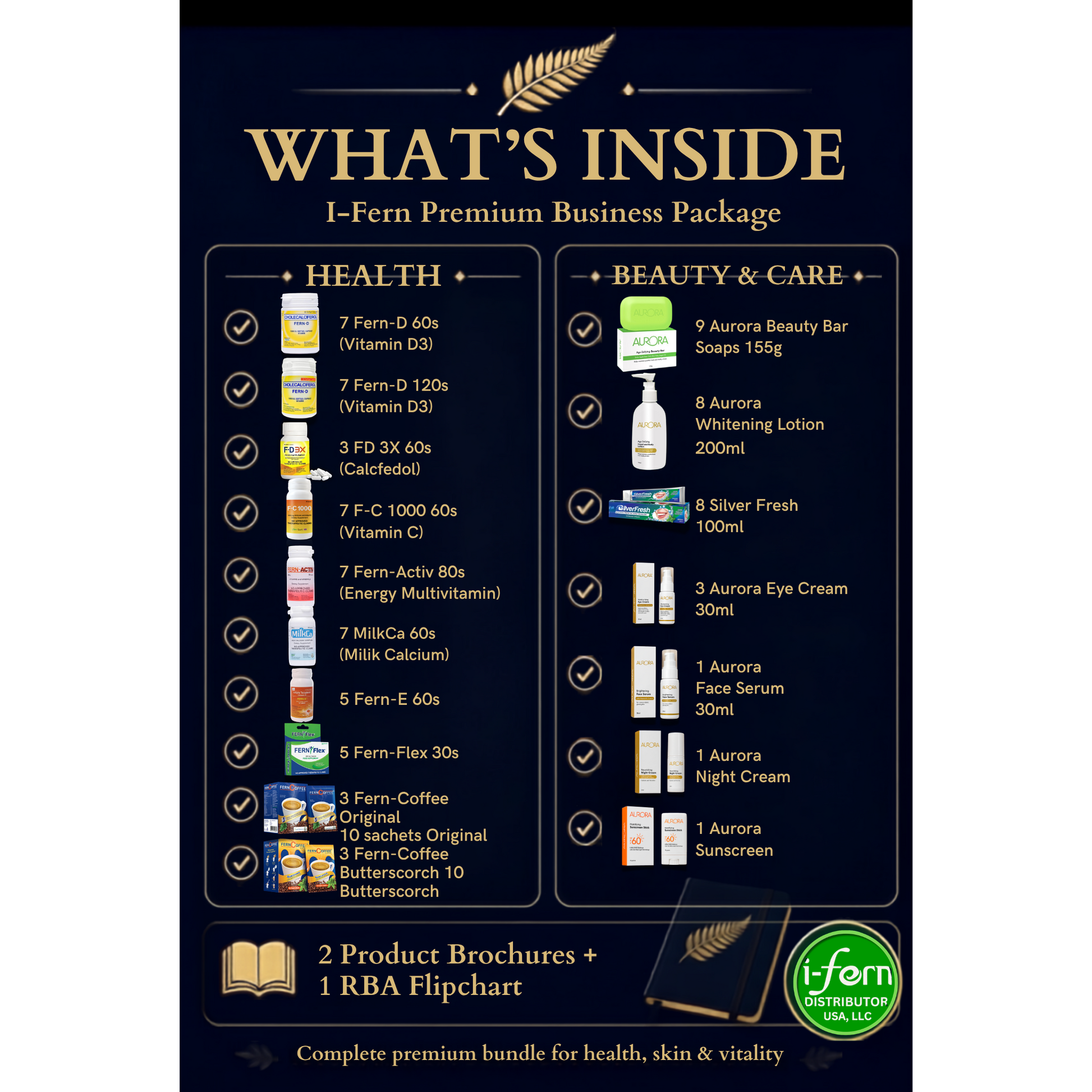 I-Fern Premium Business Package with health supplements, skincare products, coffee, and distributor materials