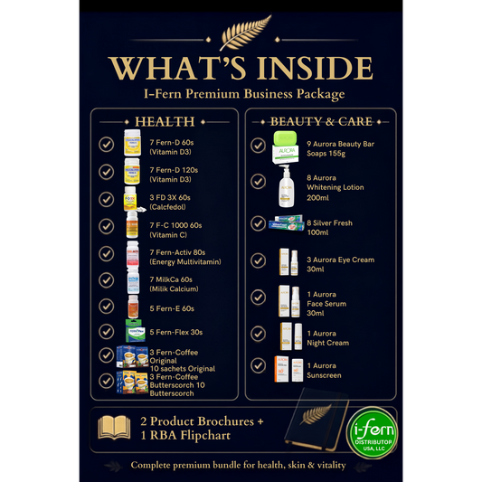 I-Fern Premium Business Package with health supplements, skincare products, coffee, and distributor materials