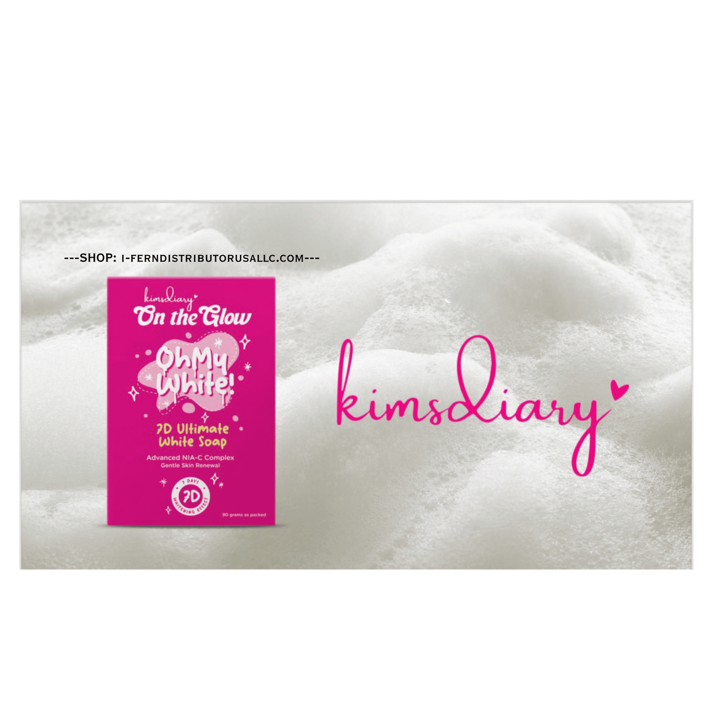 Pink soap box labeled 'Oh My White' on a white foam background with 'kimsdiary' branding.