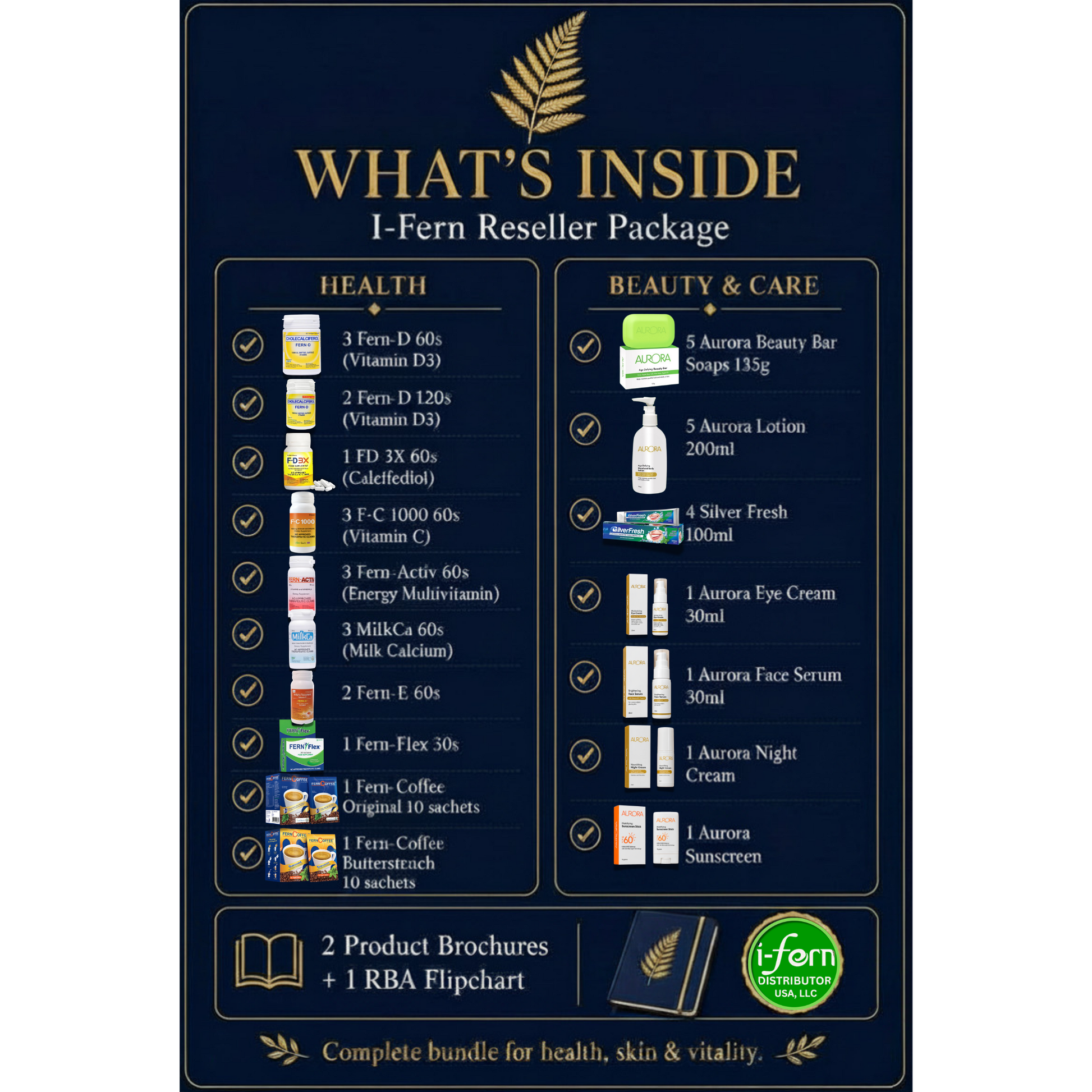 I-Fern Reseller Package featuring health supplements and skincare products