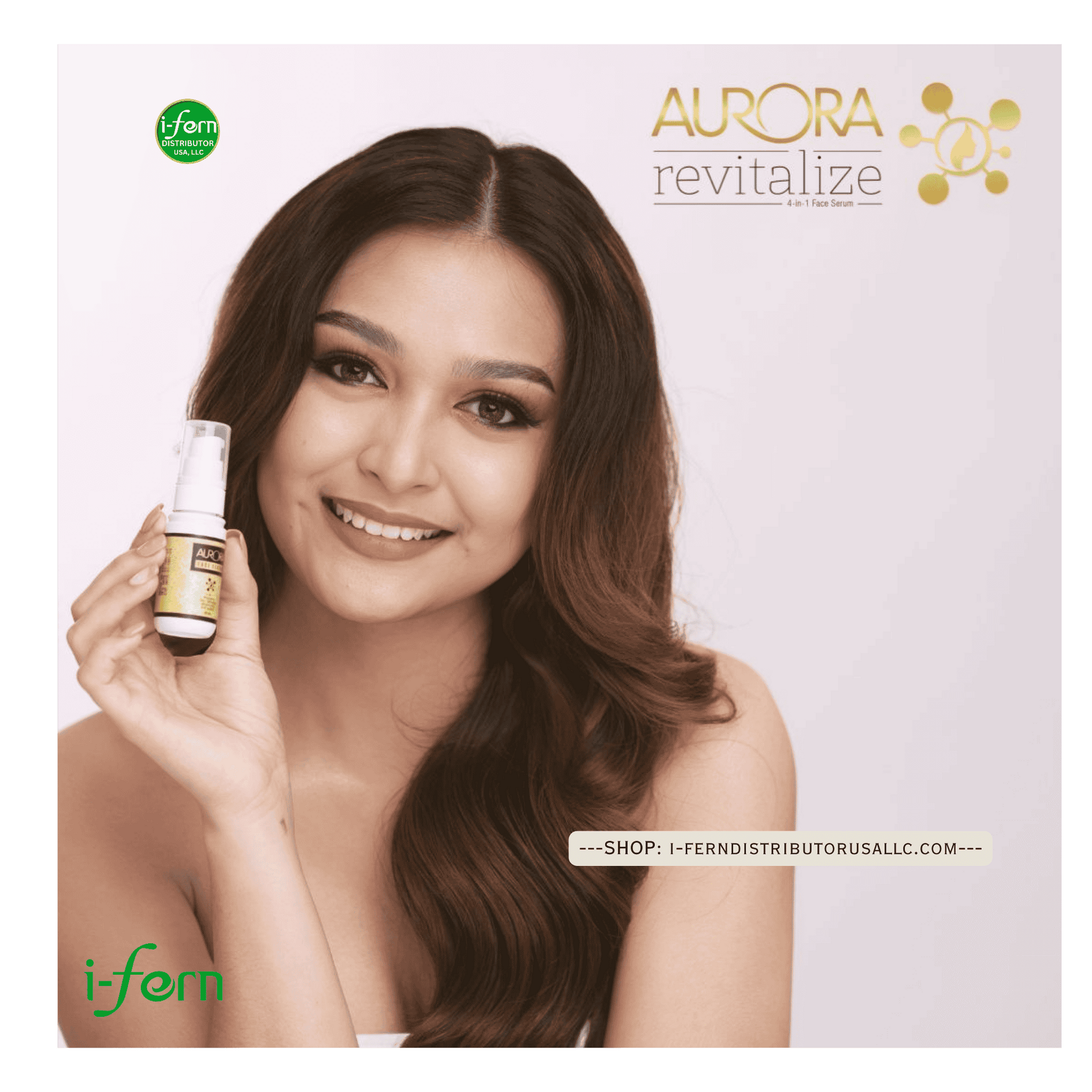 Woman holding a bottle of Aurora Face Serum product with the brand's logo and website displayed.