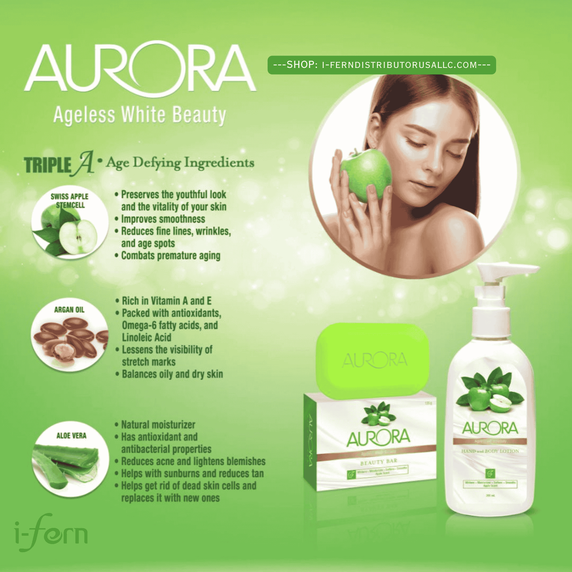 Aurora skincare products with ingredients and benefits on a green background sold online on i-ferndistiributorusallc.com