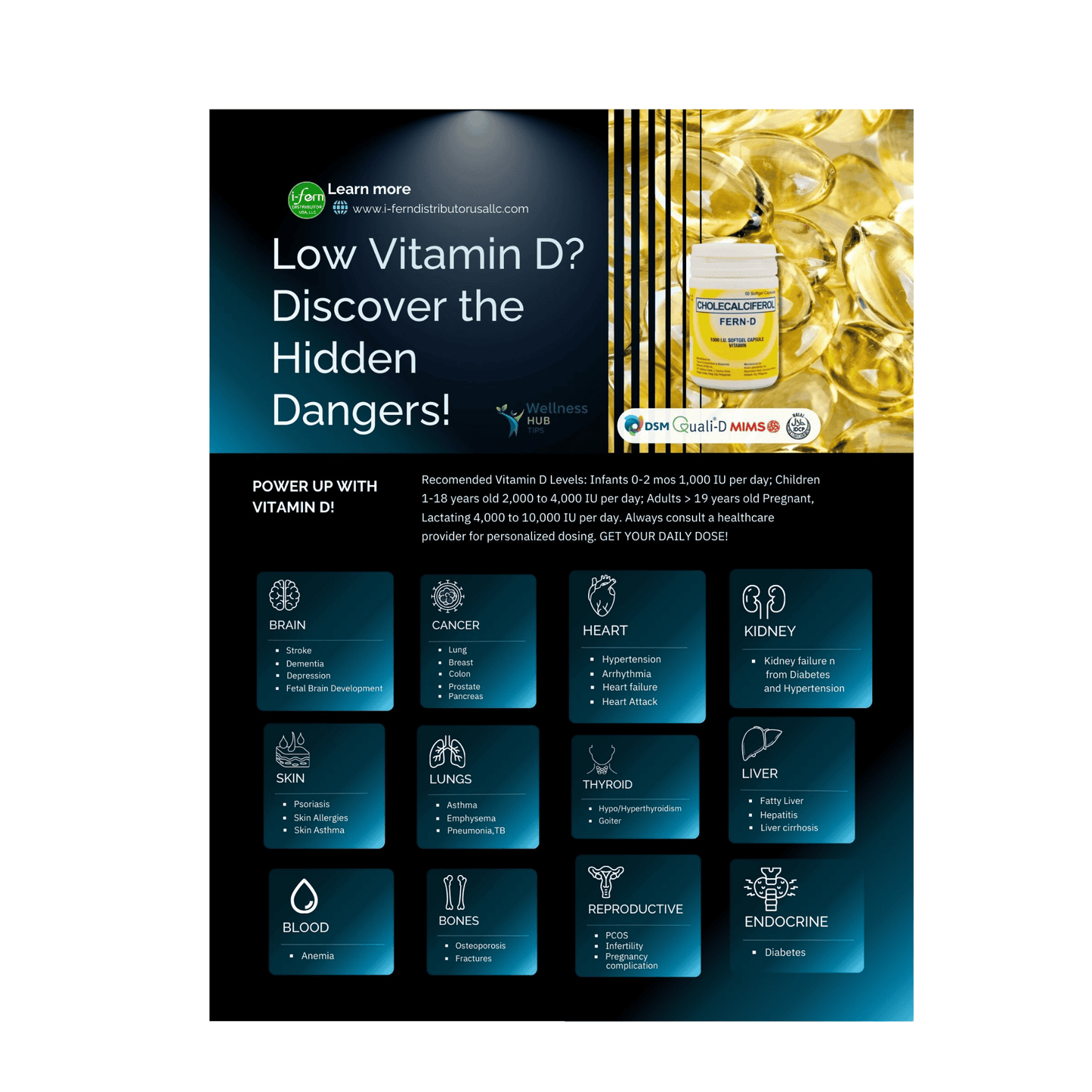 Fern-D Advertisement for vitamin D supplements highlighting health risks of low vitamin D levels.