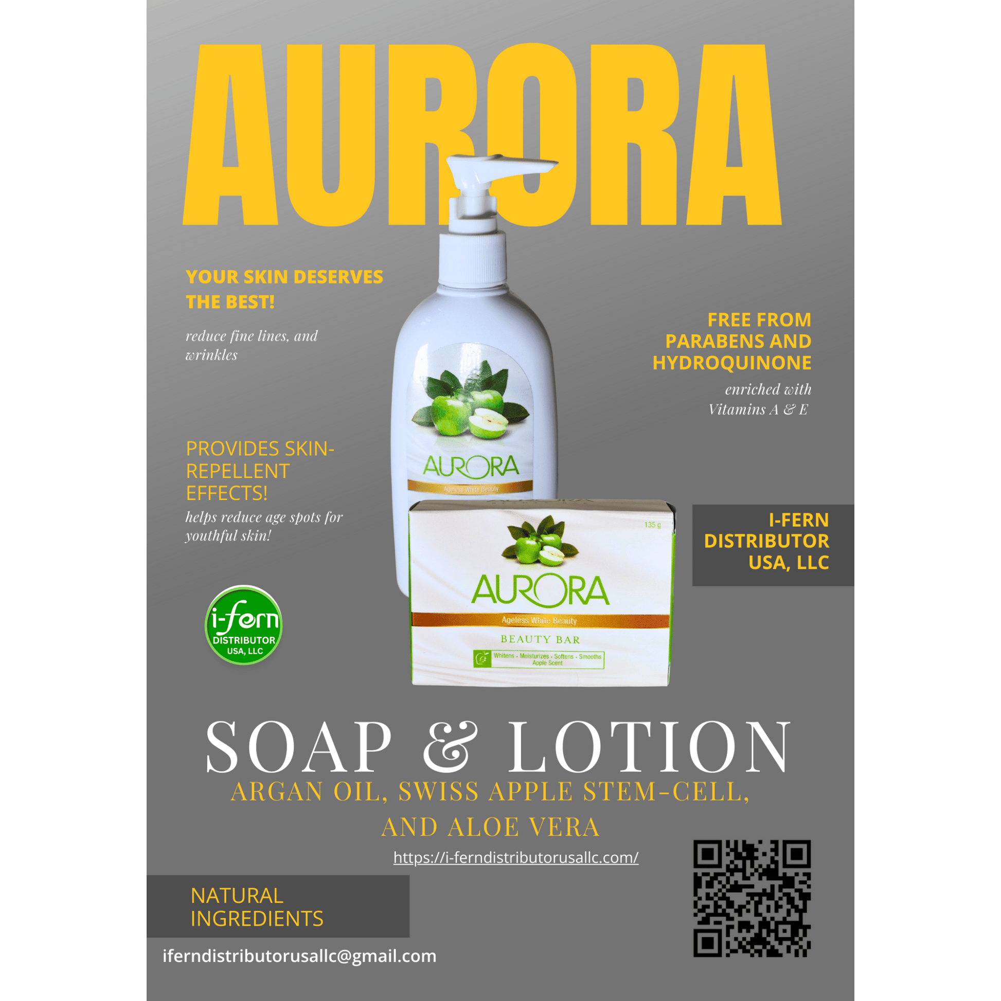 Advertisement for Aurora soap and lotion with product images and branding details on a gray sold online on i-ferndistiributorusallc.com background.