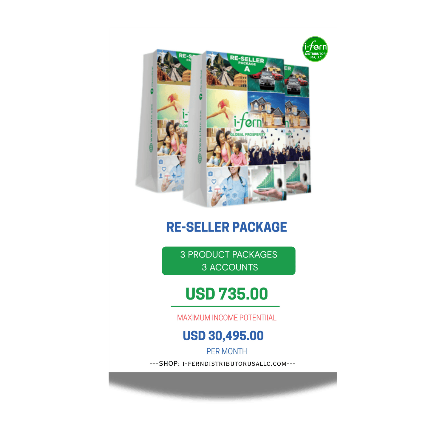 Advertisement for i-fern re-seller package with product images and pricing details on a white background sold online on i-ferndistiributorusallc.com