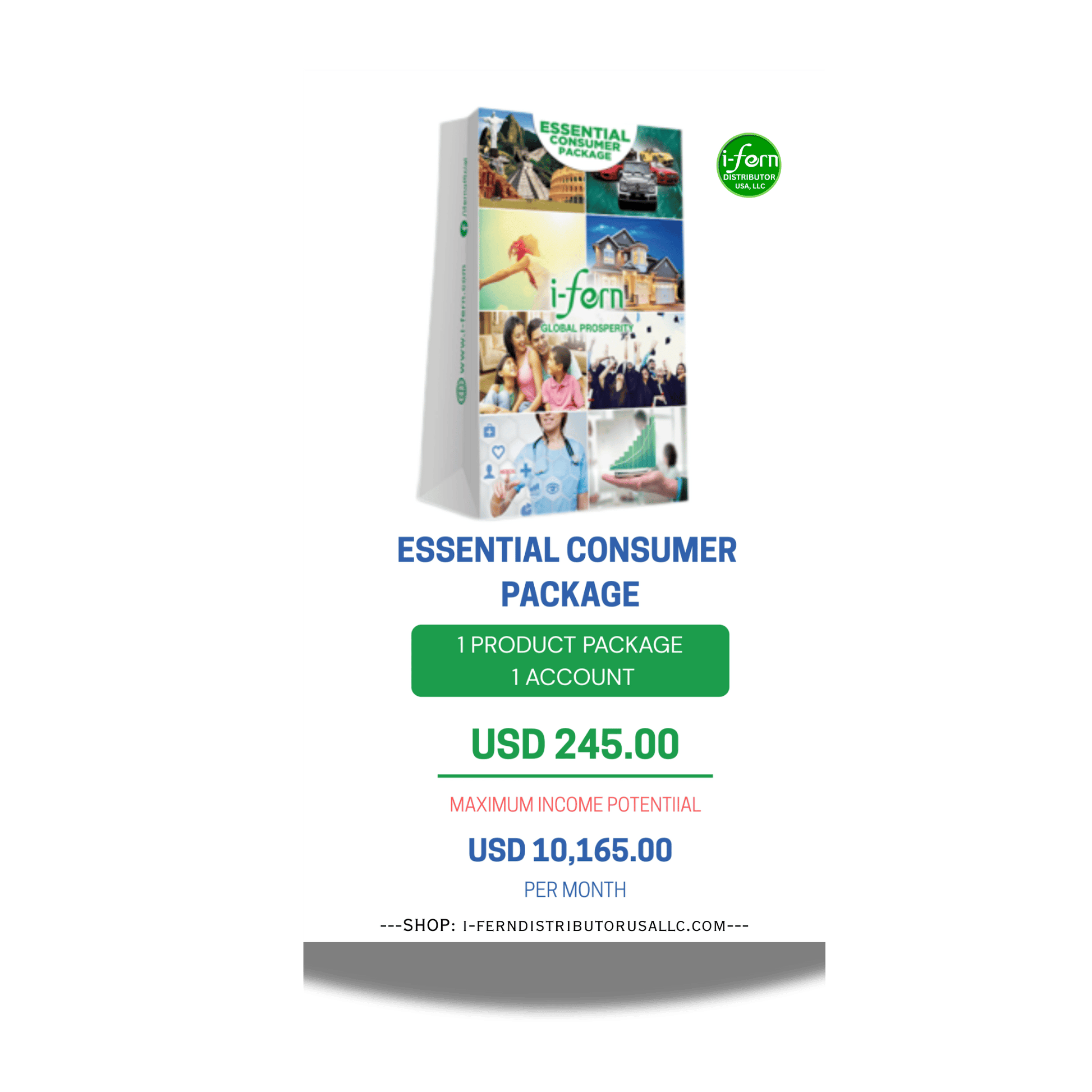 Advertisement for an 'Essential Consumer Package' with product packaging and promotional text on a white background.