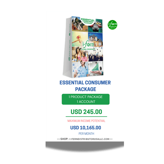 Advertisement for an 'Essential Consumer Package' with product packaging and promotional text on a white background.