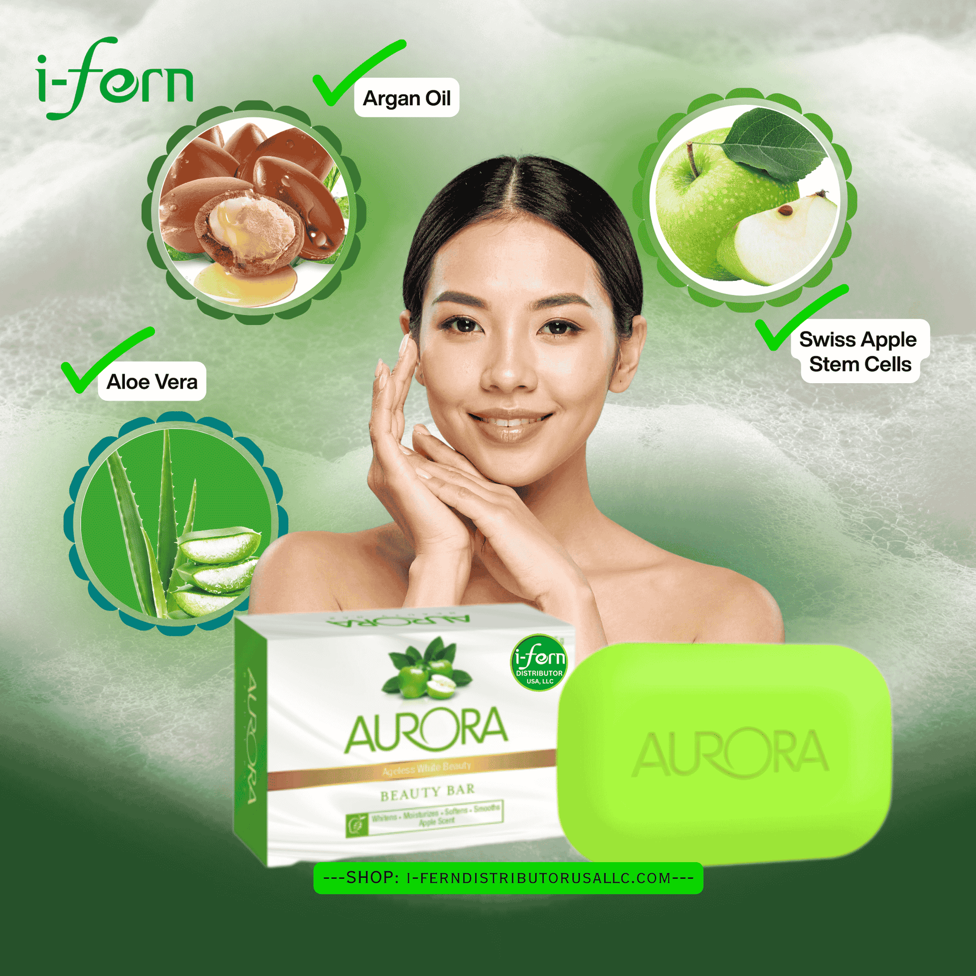 Aurora beauty bar with i-fem branding and ingredients on a green background sold online i-ferndistributorusallc.com