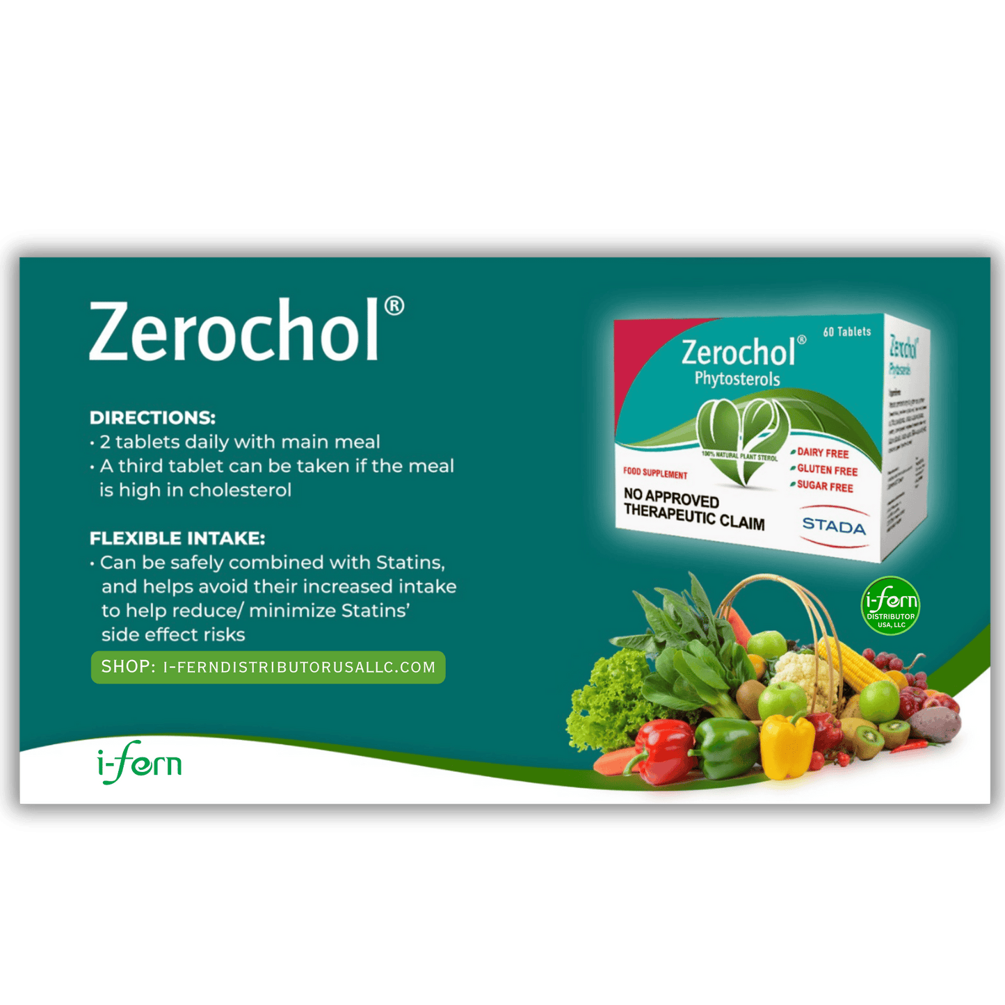 Zerochol product packaging with dietary fiber information on a green background sold online i-ferndistributorusallc.com