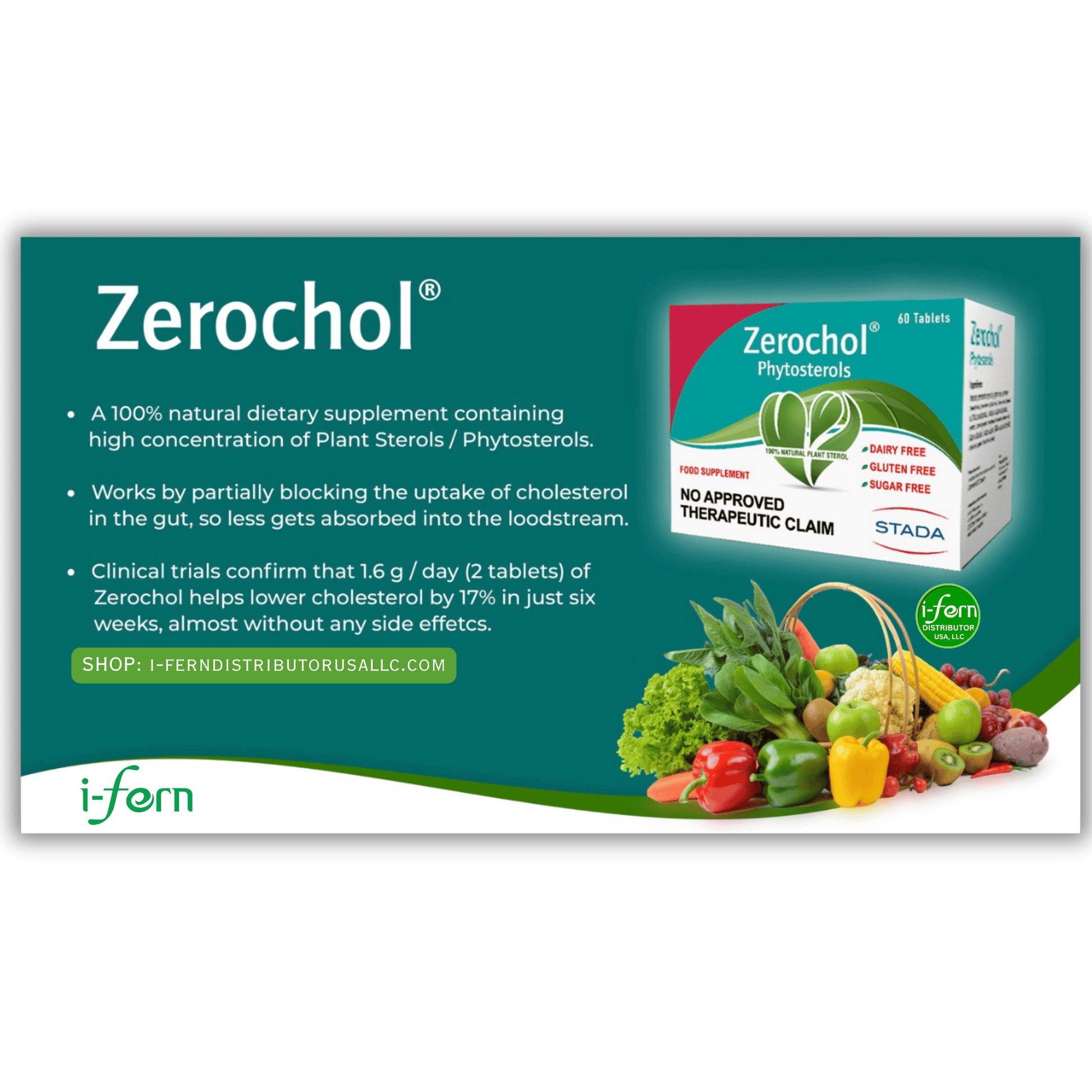 Zerochol dietary supplement packaging with green background and vegetables on a white strip sold online i-ferndistributorusallc.com