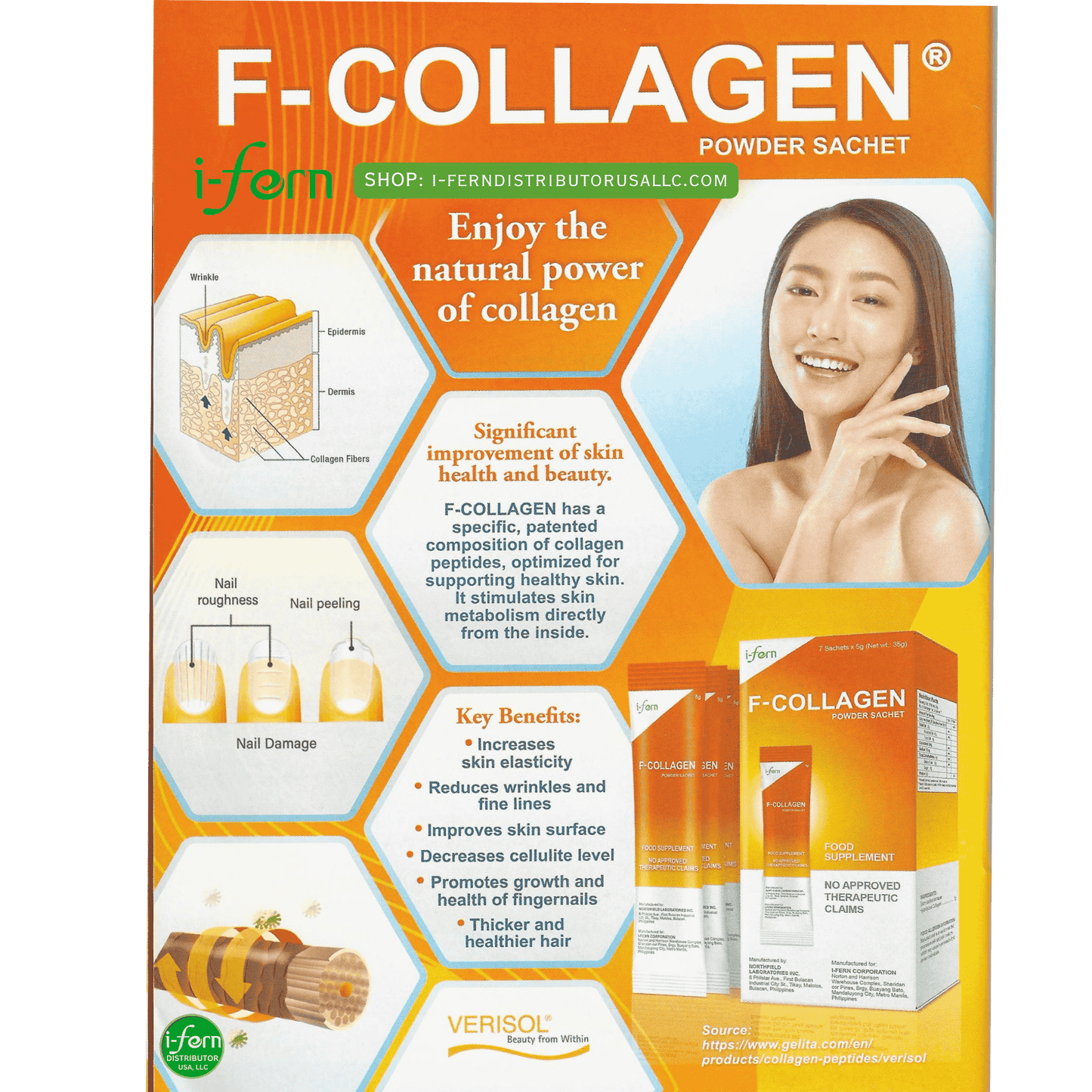 F-Collagen powder sachet packaging with a woman's face and product images on an orange and white background sold online i-ferndistributorusallc.com