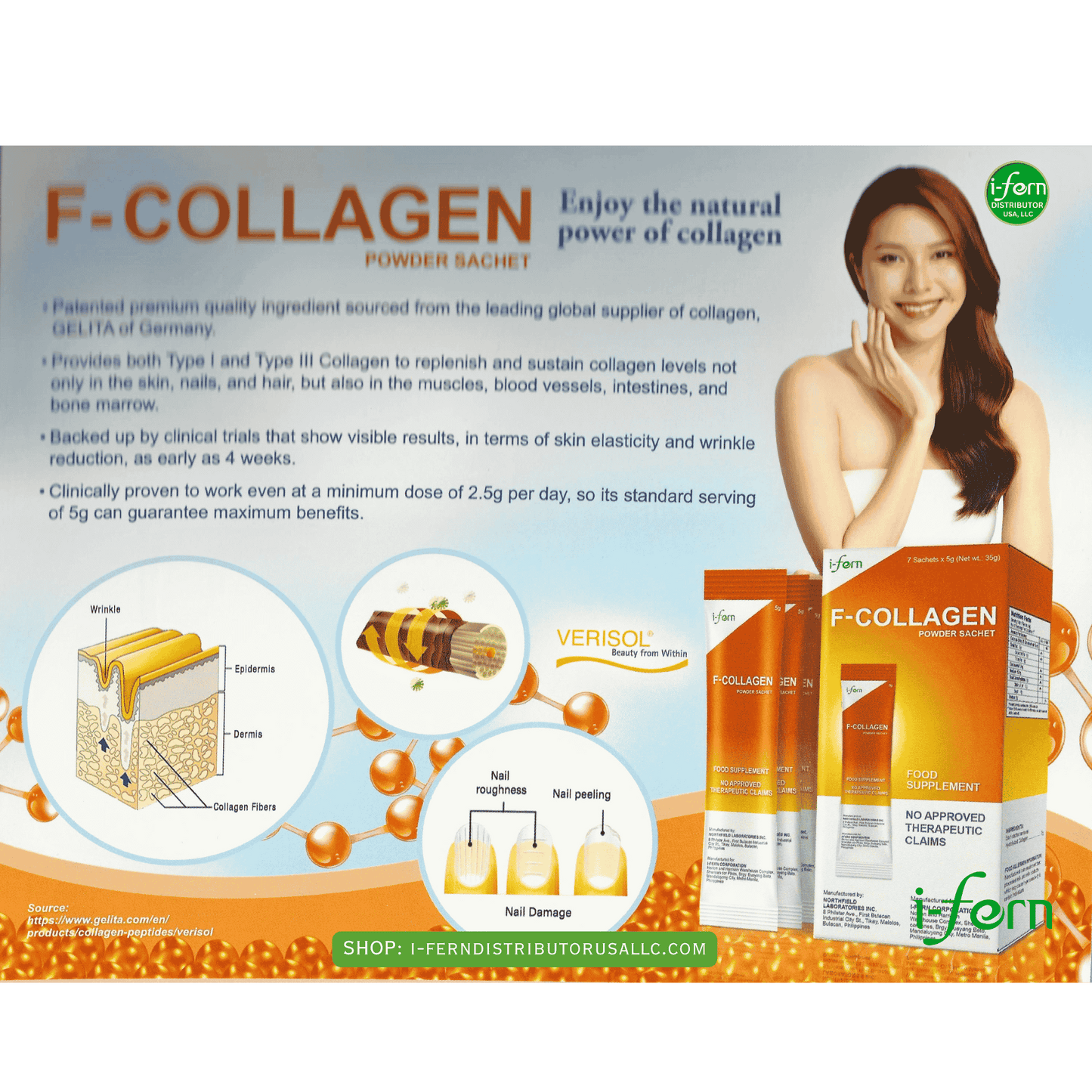 Advertisement for F-Collagen powder sachet with a woman and product packaging sold online i-ferndistributorusallc.com